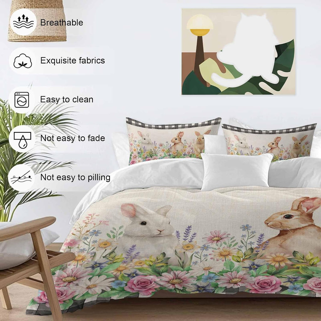 Spring Rabbits Duvet Cover Set Queen Size 4 Pieces Pink Rose Purple Flowers Daisy Vintage Linen Bedding Set with Zipper Closure, 1 Comforter Cover 90x92 Inches 1 Flat Sheet & 2 Pillow Cases