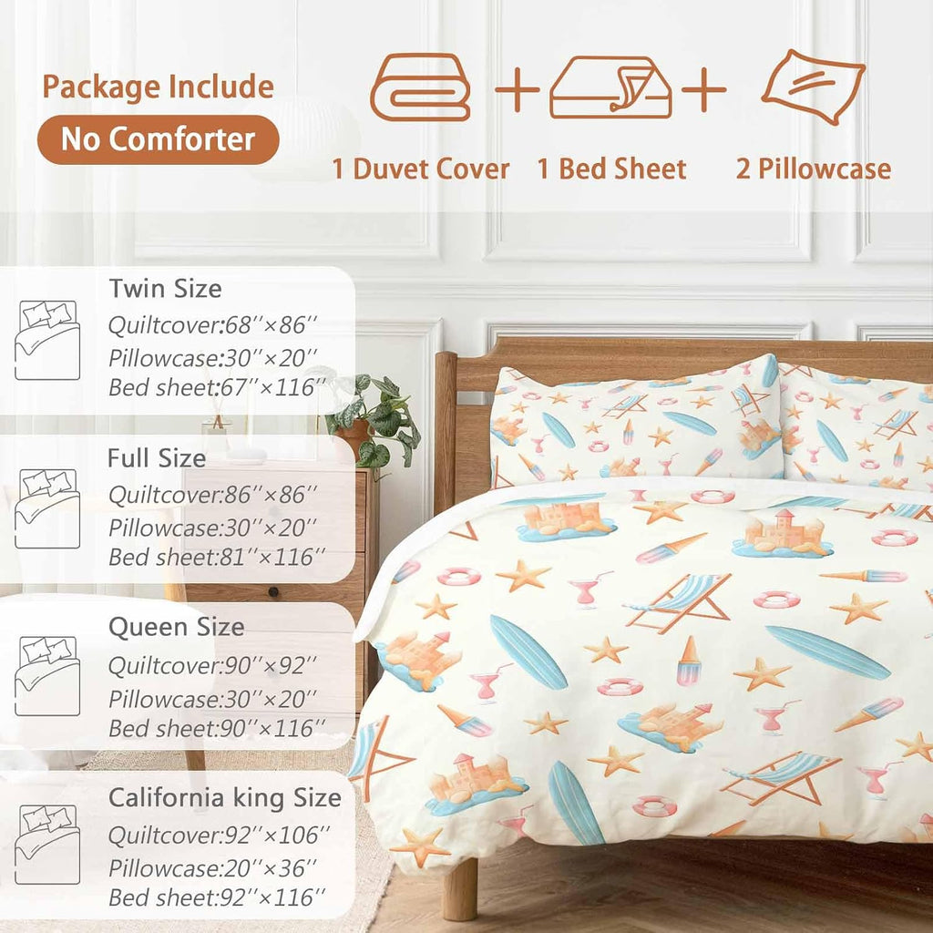 Summer Beach Duvet Cover Set Queen Size 4 Pieces Dreamy Ocean Blue Surfboards Beach Chair Castle Starfish Bedding Set with Zipper Closure, 1 Comforter Cover 86x86 Inches 1 Flat Sheet & 2 Pillow Cases