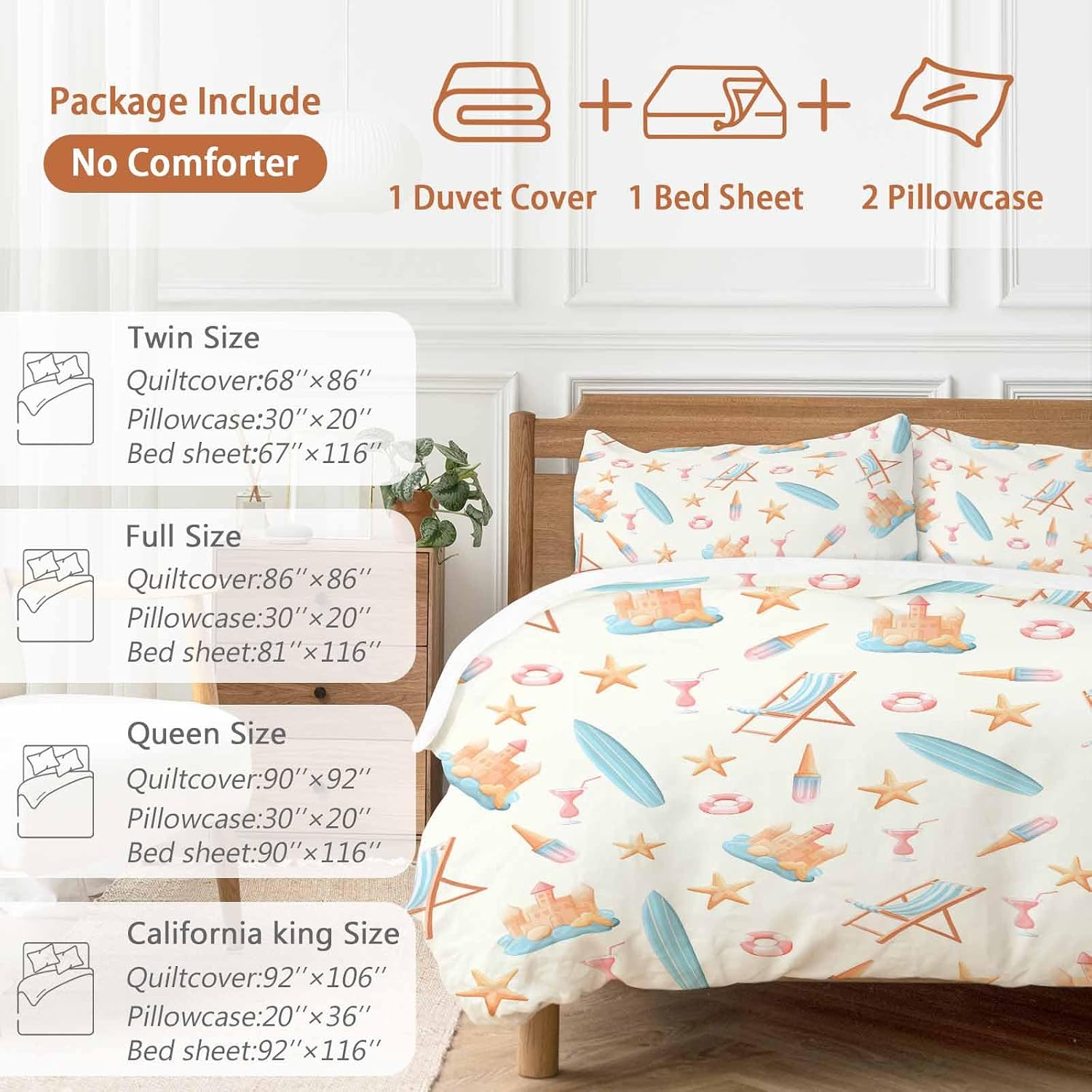 Summer Beach Duvet Cover Set Queen Size 4 Pieces Dreamy Ocean Blue Surfboards Beach Chair Castle Starfish Bedding Set with Zipper Closure, 1 Comforter Cover 86x86 Inches 1 Flat Sheet & 2 Pillow Cases