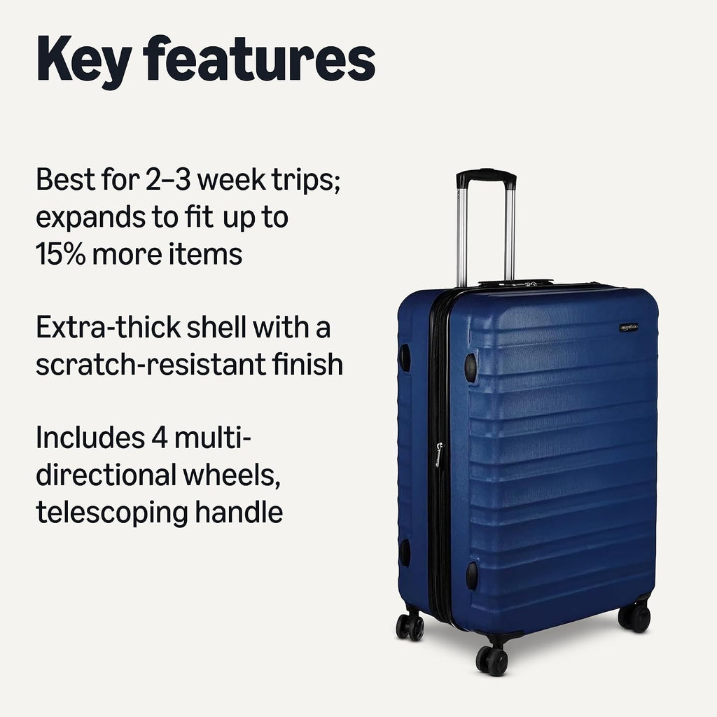 Amazon Basics 30' Hardside Large Checked Luggage with Multi-directional Wheels, Expandable for Up to 15% More Space, Scratch-Resistant Hardshell, Navy Blue