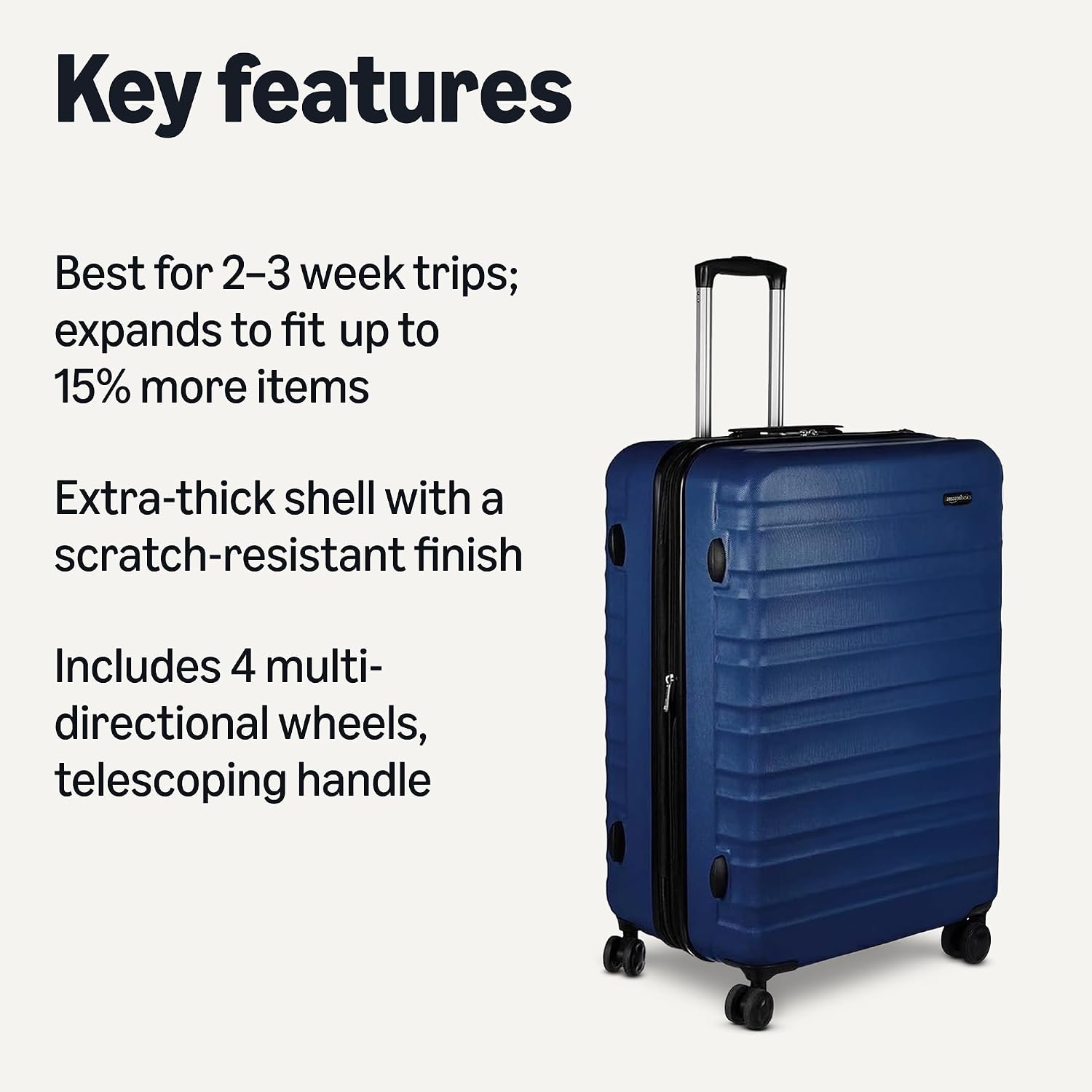 Amazon Basics 30' Hardside Large Checked Luggage with Multi-directional Wheels, Expandable for Up to 15% More Space, Scratch-Resistant Hardshell, Navy Blue
