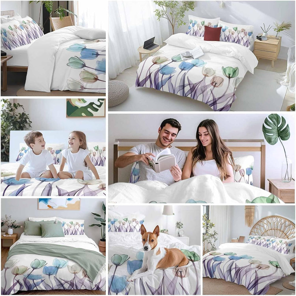Prime Leader Spring Floral Duvet Cover Set Queen Size 4 Pieces Watercolor Purple Tulip Flowers Pattern Bedding Set with Zipper Closure, 1 Comforter Cover 90x92 Inches 1 Flat Sheet & 2 Pillow Cases