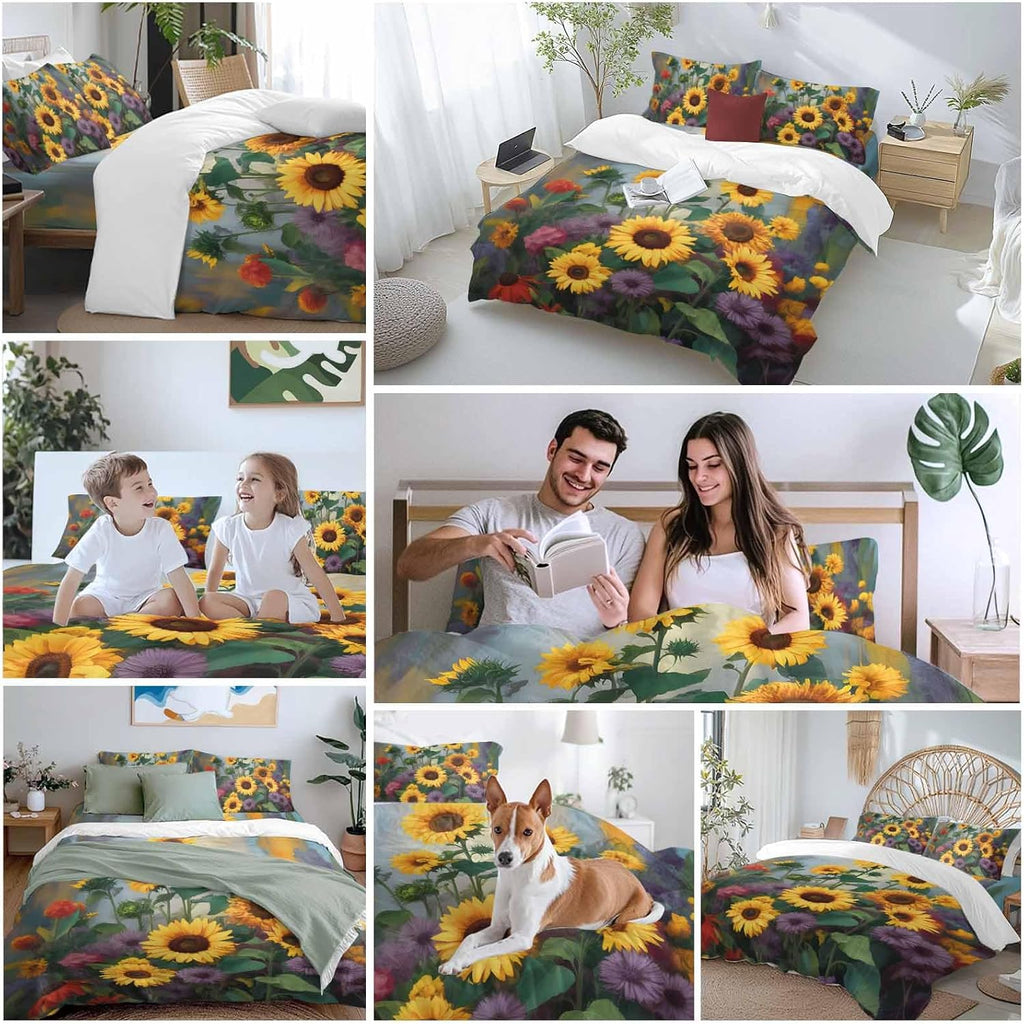 Spring Florals Duvet Cover Set Queen Size 4 Pieces Watercolor Sunflowers Country Green Leaves Bedding Set with Zipper Closure, 1 Comforter Cover 90x92 Inches 1 Flat Sheet & 2 Pillow Cases
