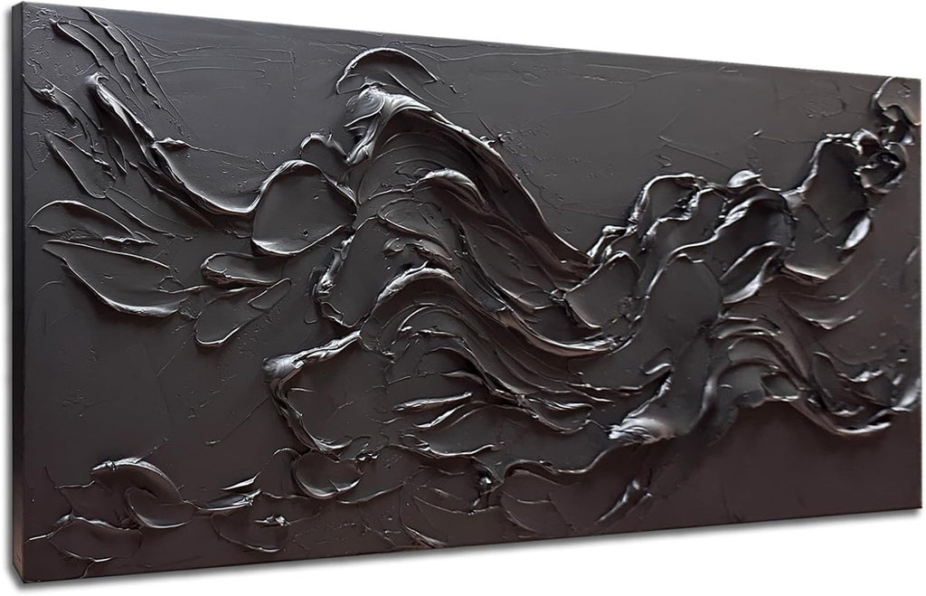 zoinart 100% Hand Painted Thick Texture Black Wall Art Minimalist Oil Painting Contemporary Art 24x48 Inches Oil on Canvas Black Texturd Wall Art Home Decoration