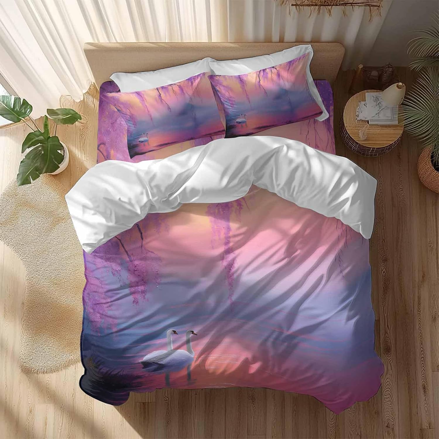 Swan Duvet Cover Set Queen Size 4 Pieces Oil Painting Spring Wisteria Gradient Pink Blue Lake Bedding Set with Zipper Closure, 1 Comforter Cover 86x86 Inches 1 Flat Sheet & 2 Pillow Cases