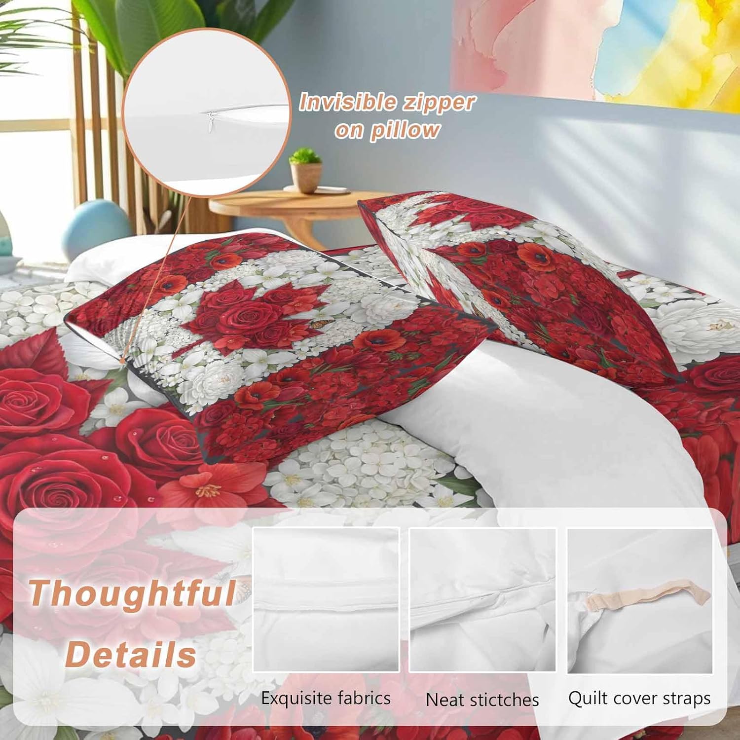 Prime Leader Floral Duvet Cover Set Queen Size 4 Pieces Watercolor White Red Flowers Canada Flag Style Bedding Set with Zipper Closure, 1 Comforter Cover 92x106 Inches 1 Flat Sheet & 2 Pillow Cases