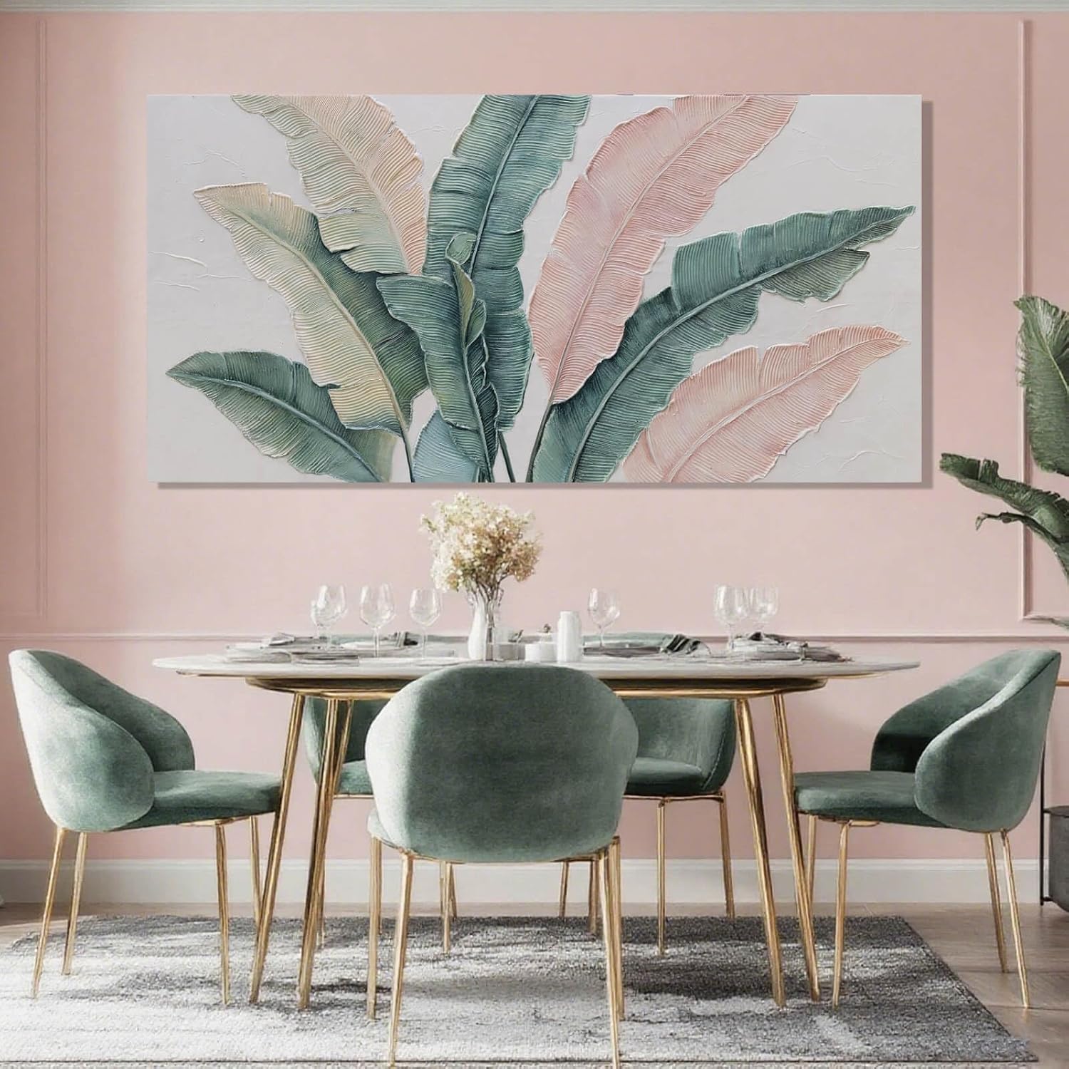 SHEYOYE Large Wall Art, Green Plant Canvas Painting, Pink Modern, Wall Hanging, Cuadros Para Comedor Elegantes y Modernos, For Office, Bedroom, Office | 29' x 58'