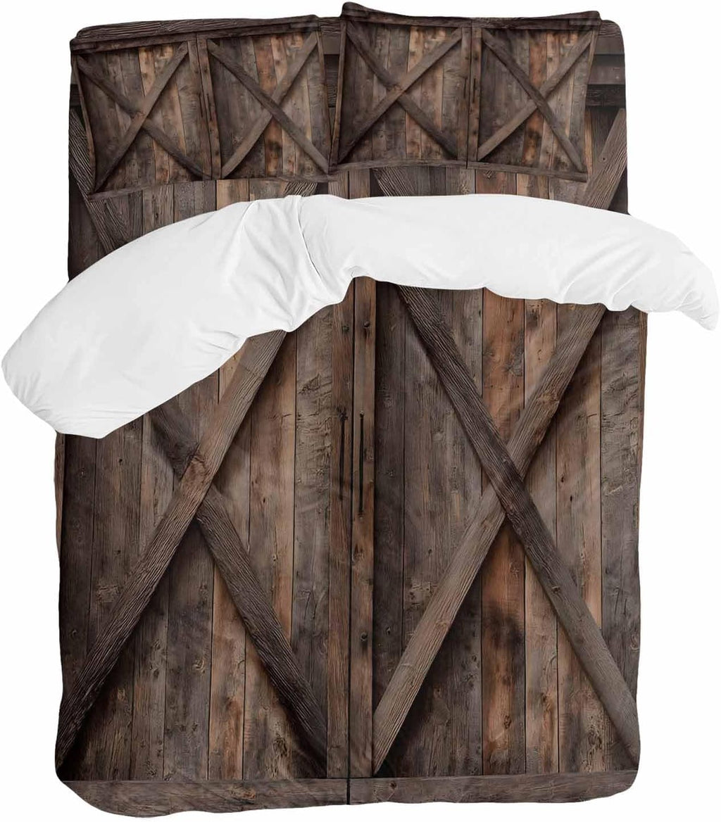 Farmhouse Duvet Cover Set Queen Size 4 Pieces Brown Country Style Barn Door Distressed Wood Grain Bedding Set with Zipper Closure, 1 Comforter Cover 90x92 Inches 1 Flat Sheet & 2 Pillow Cases