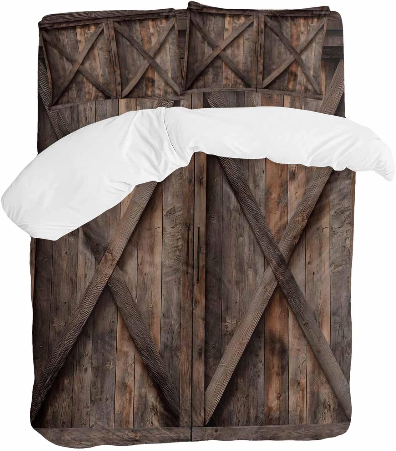 Farmhouse Duvet Cover Set Queen Size 4 Pieces Brown Country Style Barn Door Distressed Wood Grain Bedding Set with Zipper Closure, 1 Comforter Cover 90x92 Inches 1 Flat Sheet & 2 Pillow Cases