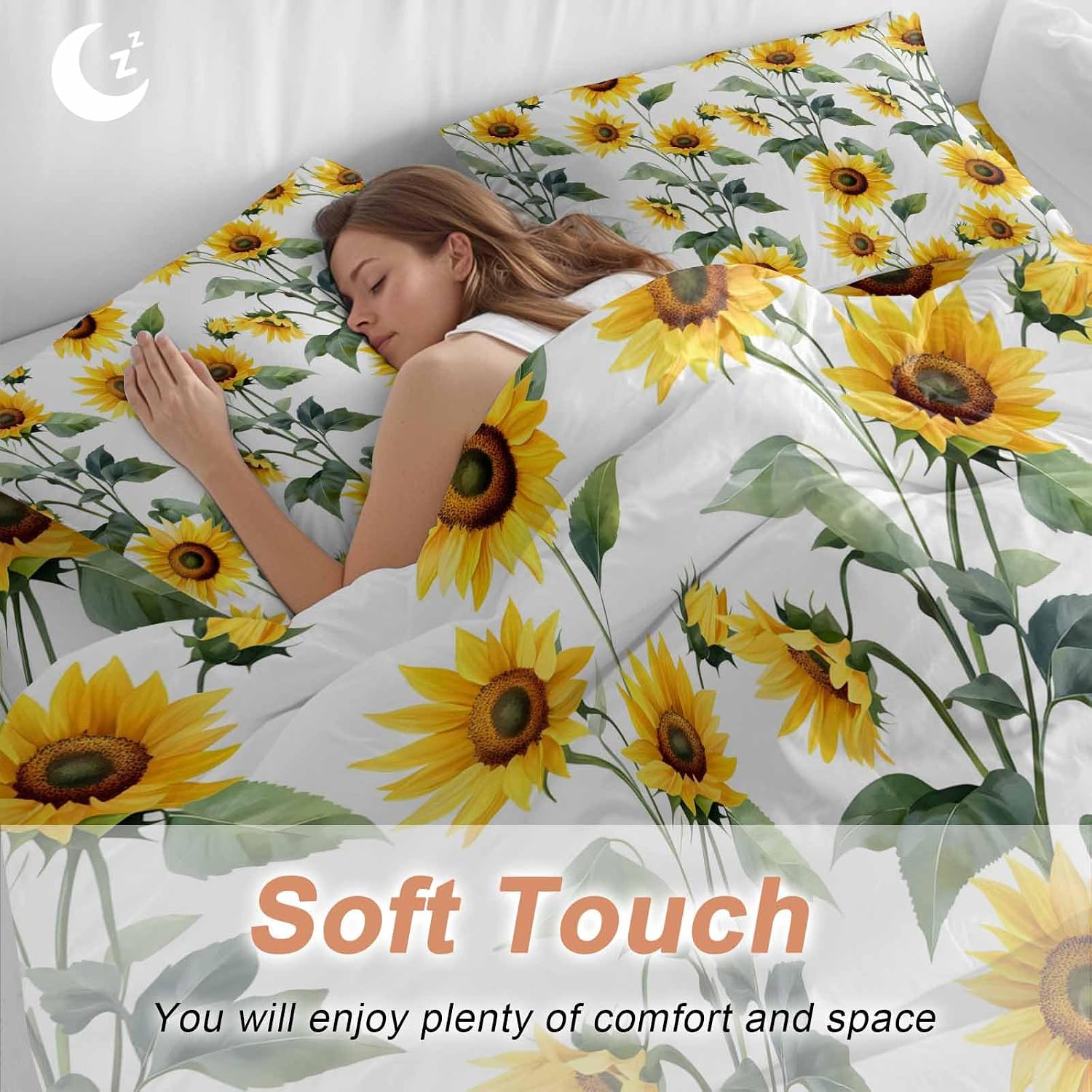 Prime Leader Summer Sunflowers Duvet Cover Set Queen Size 4 Pieces Watercolor Floral White Bedding Set with Zipper Closure, 1 Comforter Cover 90x92 Inches 1 Flat Sheet & 2 Pillow Cases