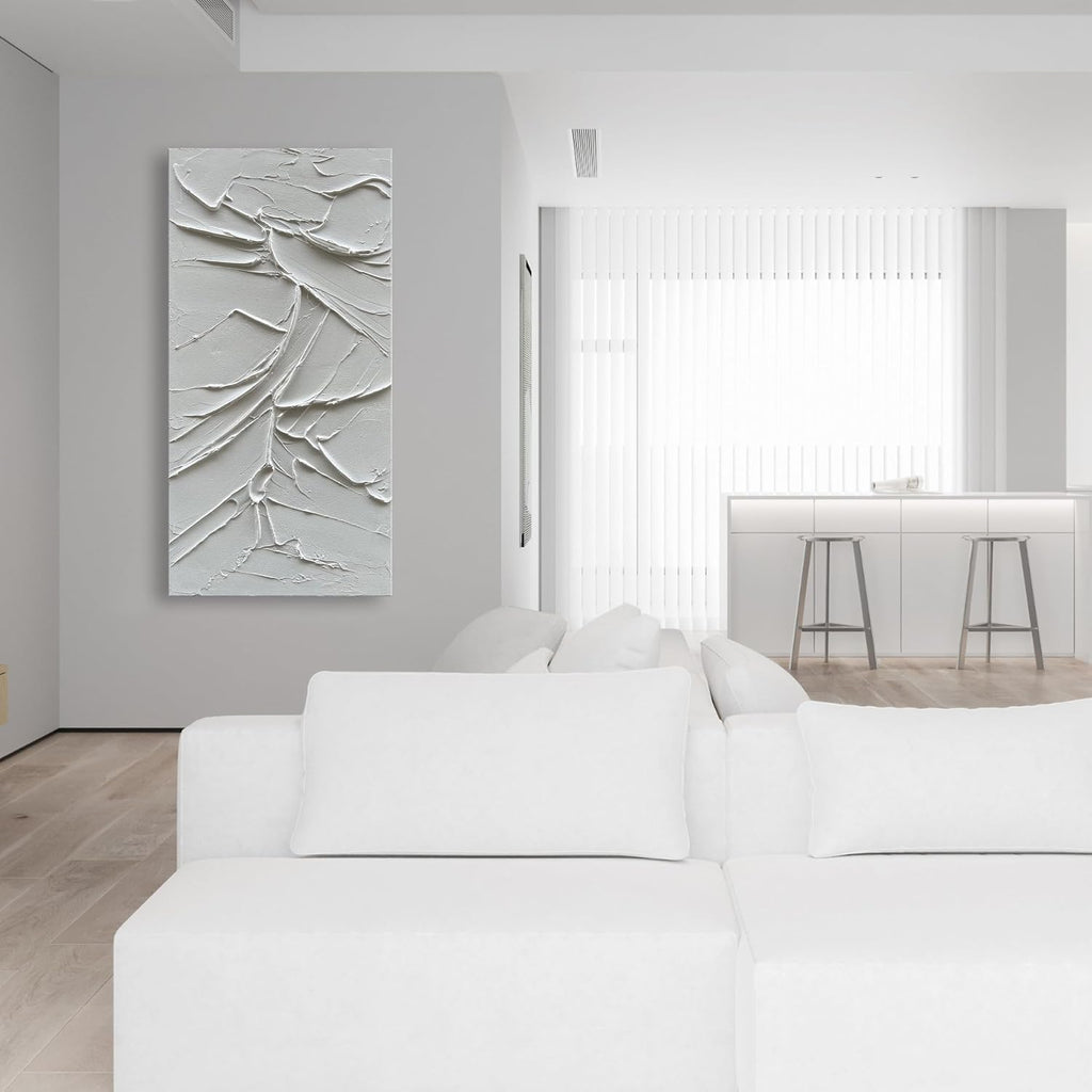NANKAI Art Hand Painted White Canvas Wall Art 48x24 inch Abstract Modern Oil Painting Contemporary Textured Wall Art Minimalist Artwork Home Decor
