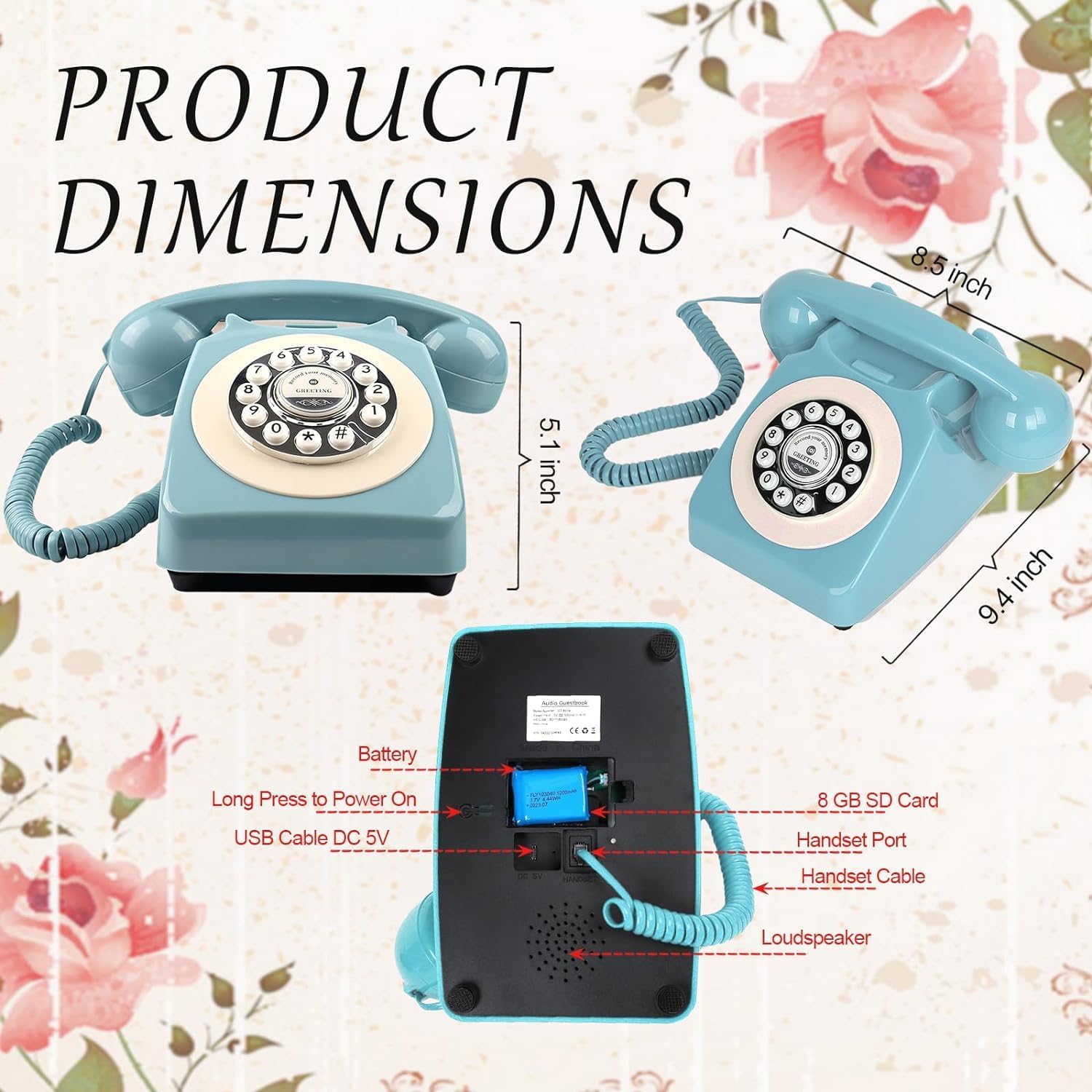 Audio Guest Book Wedding Phone with Flight Case, Record Customized Audio Message with Guest Book Retro Phone Audio GuestBook for Wedding Birthday Party Confession (Blue)