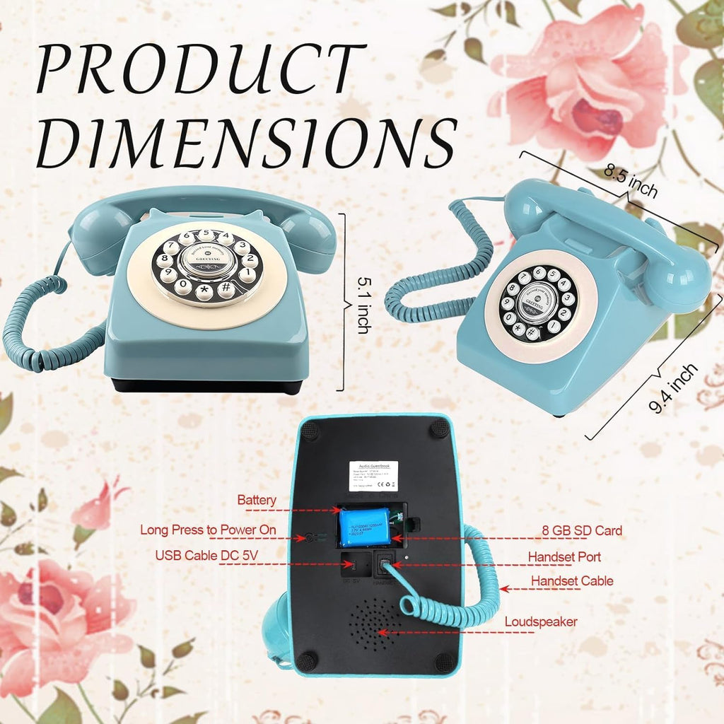 Audio Guest Book Wedding Phone, Record Customized Audio Message with Guest Book Retro Phone Audio GuestBook for Wedding Birthday Party Confession Audio Message Voicemail (Blue - Key)