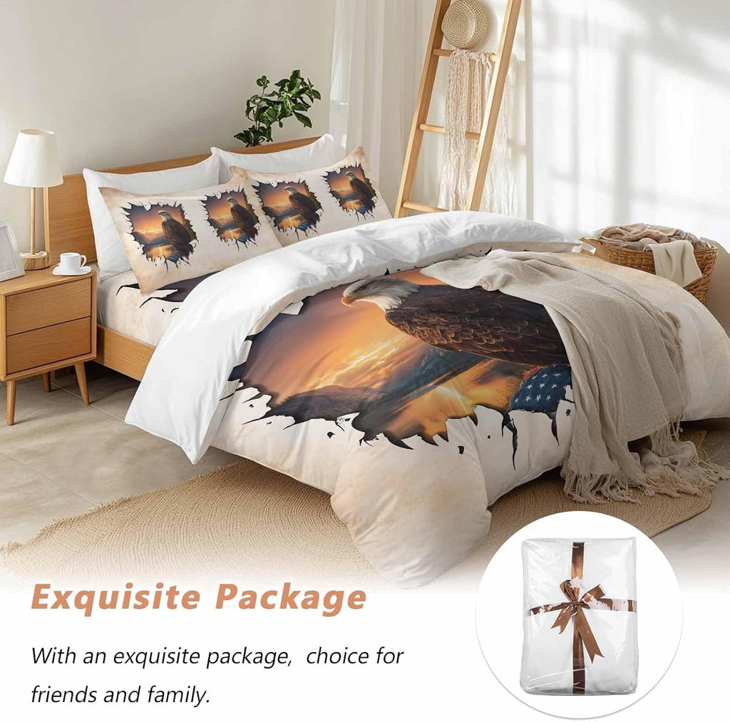 Independence Day Duvet Cover Set Queen Size 4 Pieces Eagle Retro American Flag Sunset Country Bedding Set with Zipper Closure, 1 Comforter Cover 90x92 Inches 1 Flat Sheet & 2 Pillow Cases