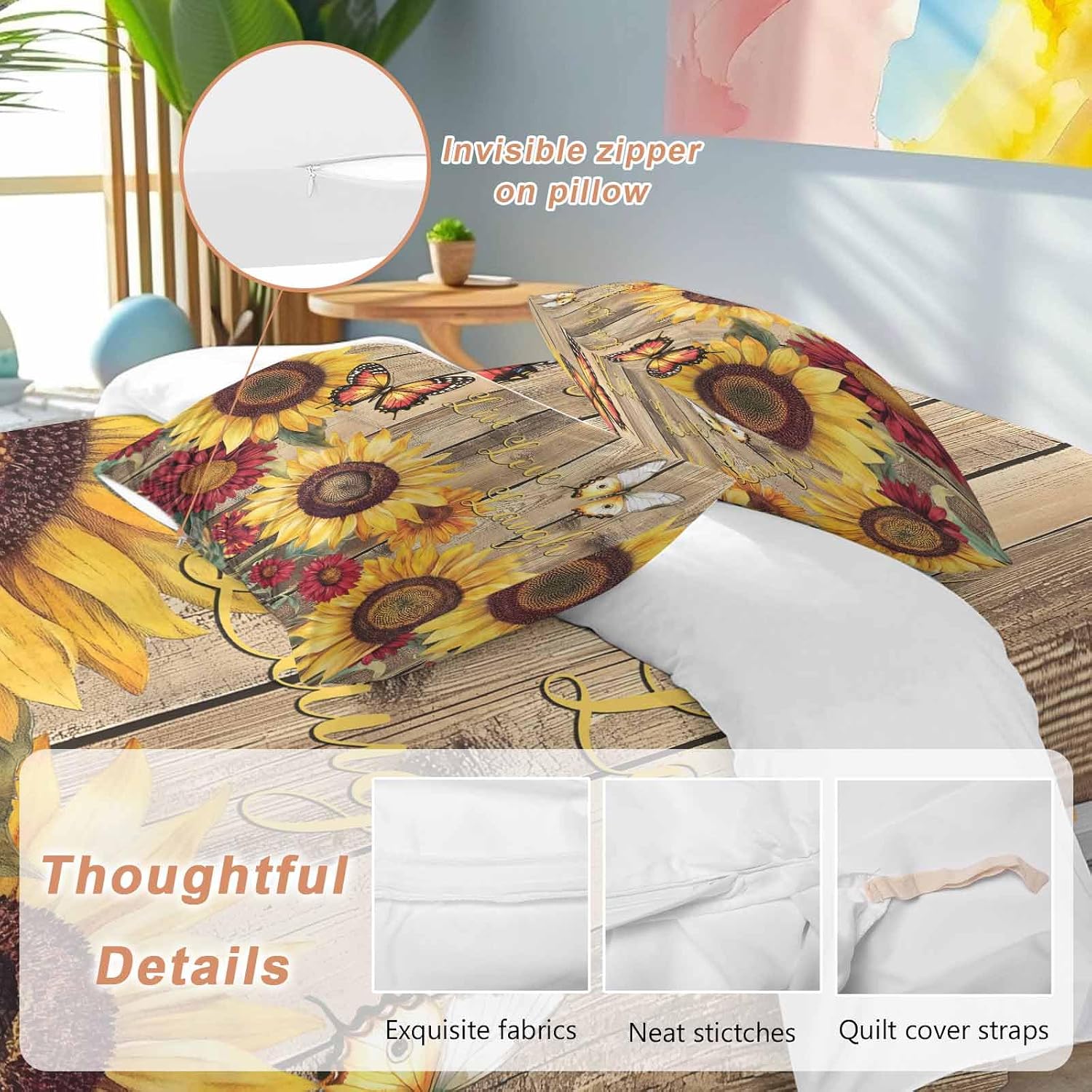 Flowers Duvet Cover Set Queen Size 4 Pieces Watercolor Yellow Sunflower Red Chrysanthemum Floral Wood Grain Bedding Set with Zipper Closure,1 Comforter Cover 86x86 Inches 1 Flat Sheet & 2 Pillow Cases