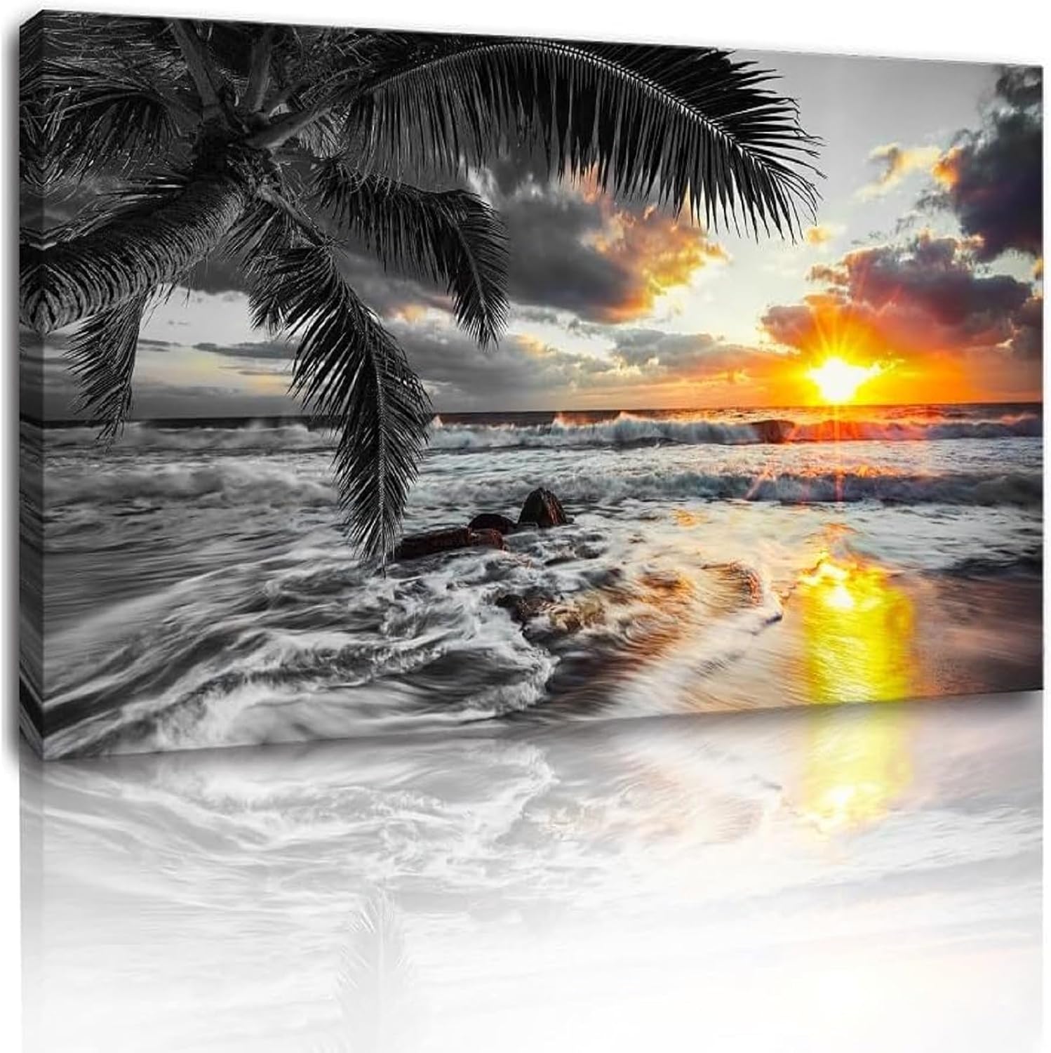 Yxbhhym-Large Canvas Black White Gold Ocean Wall Art Sunset Beach Pictures Coastal Painting Sunrise Seascape Scenery Print Palm Poster Sea Artwork for Bedroom Wall Art Living Room Office Décor