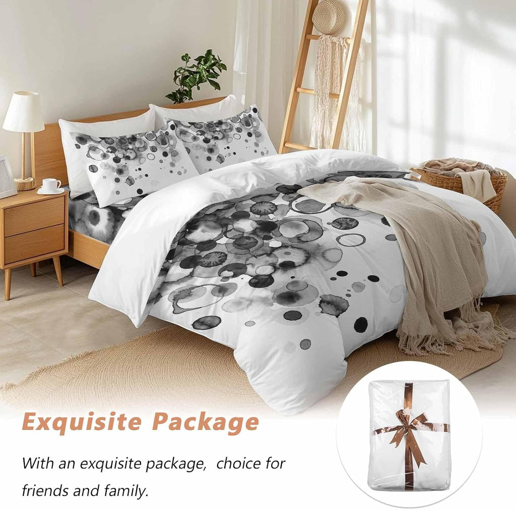 Abstract Duvet Cover Set Queen Size 4 Pieces Black Gradient Watercolors Ink Points Minimalist Bedding Set with Zipper Closure, 1 Comforter Cover 92x106 Inches 1 Flat Sheet & 2 Pillow Cases
