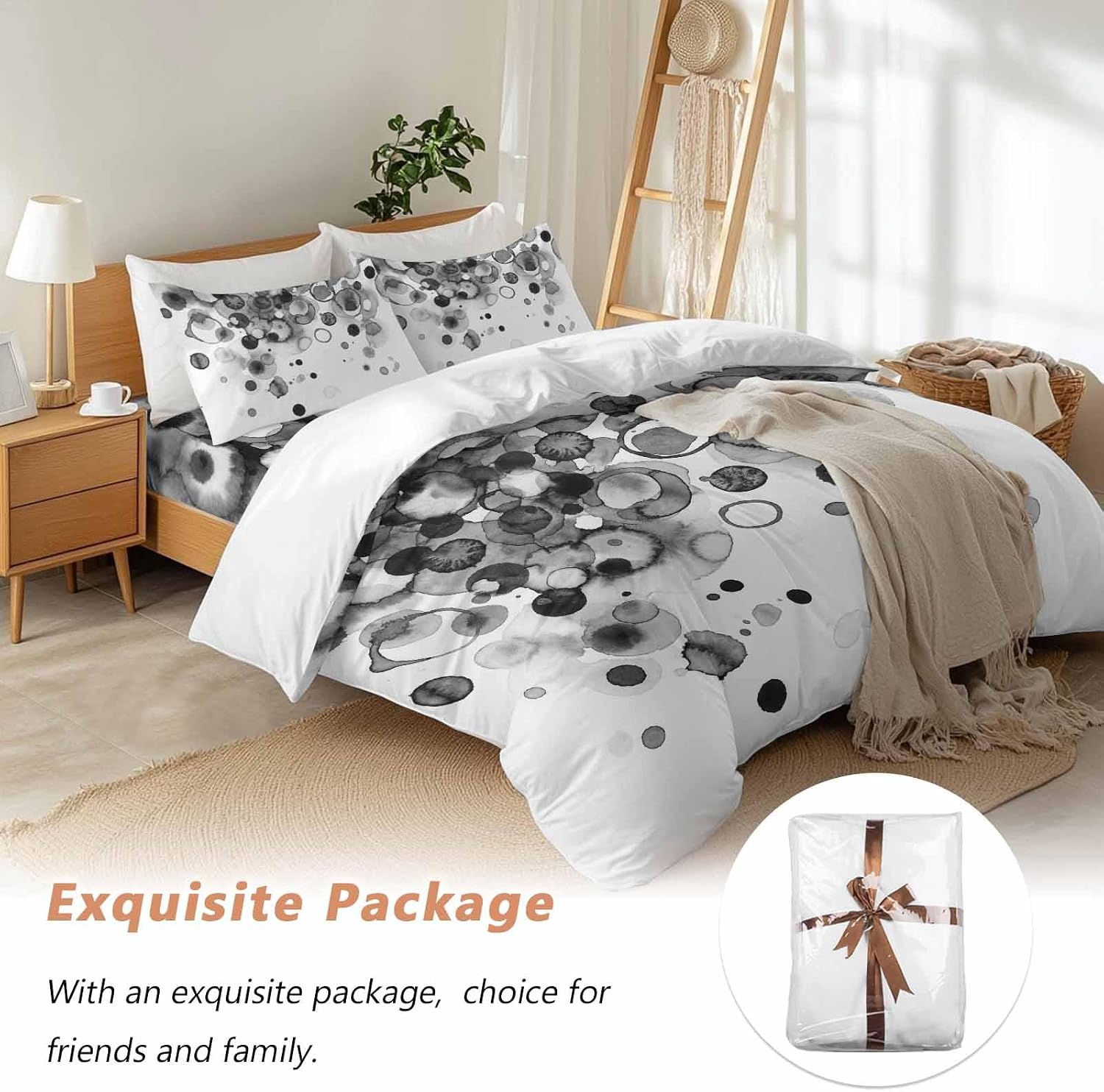 Abstract Duvet Cover Set Queen Size 4 Pieces Black Gradient Watercolors Ink Points Minimalist Bedding Set with Zipper Closure, 1 Comforter Cover 92x106 Inches 1 Flat Sheet & 2 Pillow Cases