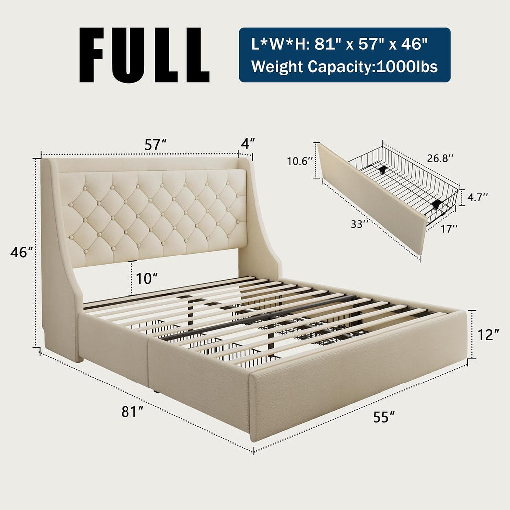 GalnFu Full Size Bed Frame with 4 Storage Drawers, Large Upholstered Wingback Headboard, Fast Charging Station, No Box Spring Needed, Noise-Free, Beige