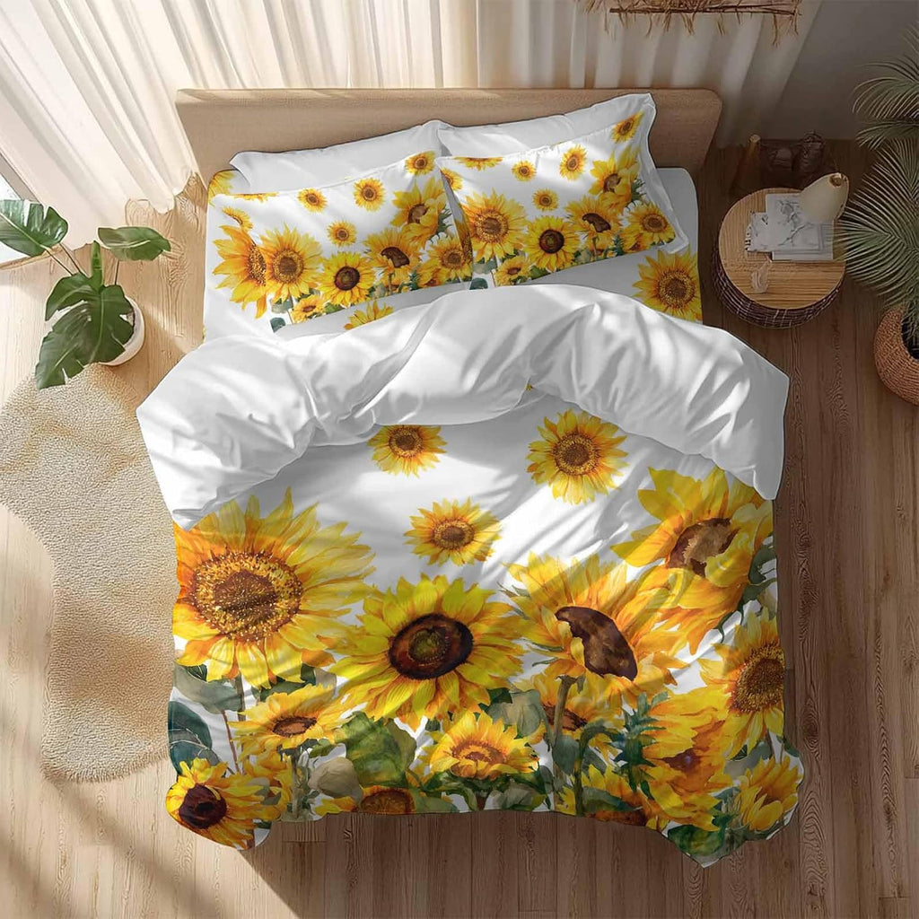 Prime Leader Summer Sunflower Duvet Cover Set Queen Size 4 Pieces Watercolor Flowers Farmhouse Bedding Set with Zipper Closure, 1 Comforter Cover 86x86 Inches 1 Flat Sheet & 2 Pillow Cases