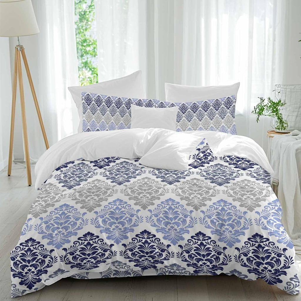Prime Leader Vintage Floral Duvet Cover Set Queen Size 4 Pieces Blue Gray Flower Pattern Country Gradient Bedding Set with Zipper Closure, 1 Comforter Cover 90x92 Inches 1 Flat Sheet & 2 Pillow Cases