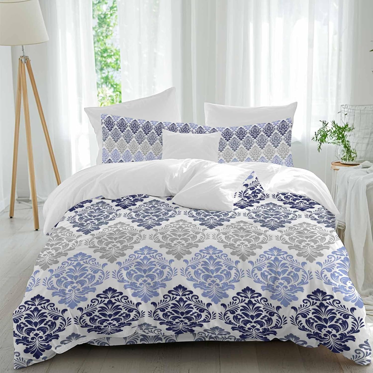 Prime Leader Vintage Floral Duvet Cover Set Queen Size 4 Pieces Blue Gray Flower Pattern Country Gradient Bedding Set with Zipper Closure, 1 Comforter Cover 90x92 Inches 1 Flat Sheet & 2 Pillow Cases