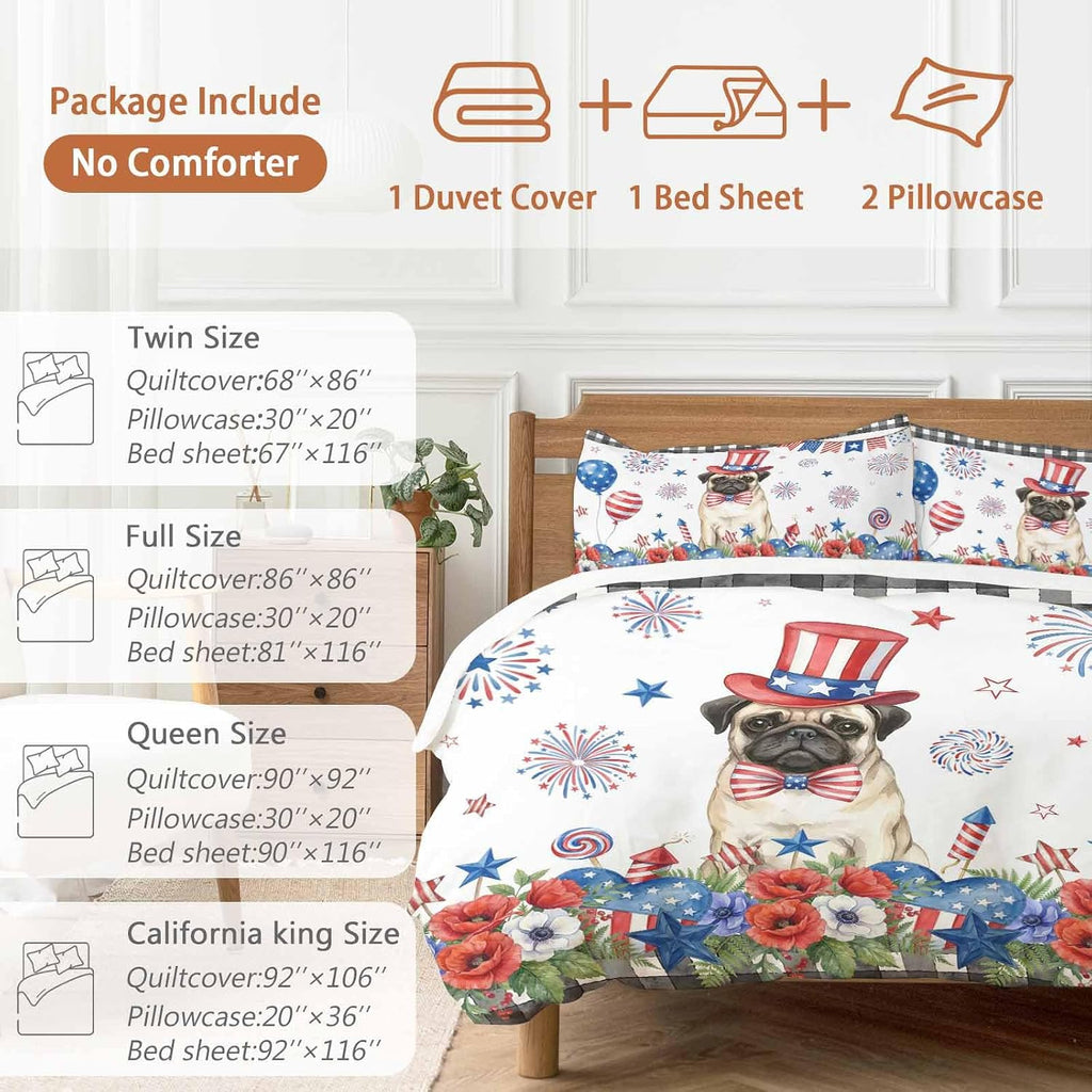 Independence Day Duvet Cover Set Queen Size 4 Pieces Cartoon Pug Dog Cute Puppy Red Blue Flower Bedding Set with Zipper Closure, 1 Comforter Cover 92x106 Inches 1 Flat Sheet & 2 Pillow Cases