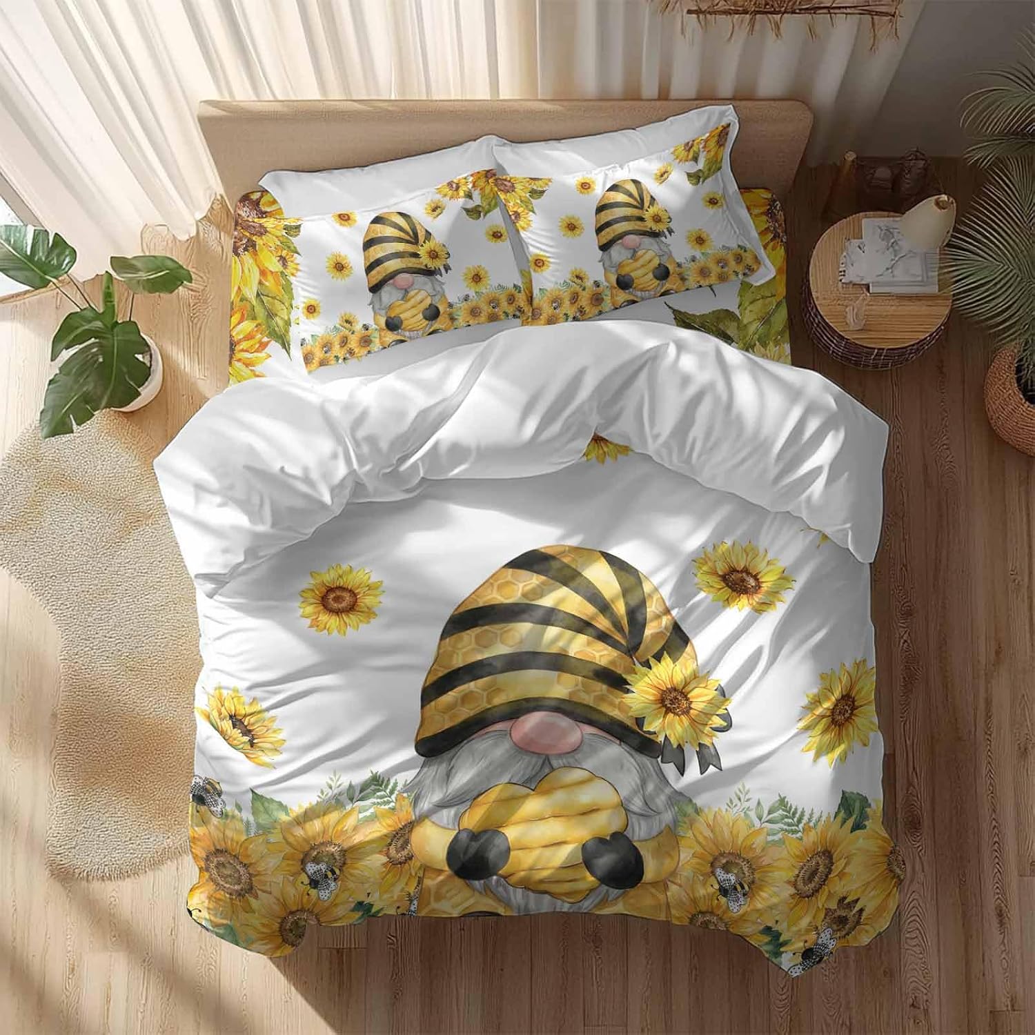 Summer Floral Duvet Cover Set Queen Size 4 Pieces Watercolor Sunflower Cartoon Gnome Farm Bee Bedding Set with Zipper Closure, 1 Comforter Cover 86x86 Inches 1 Flat Sheet & 2 Pillow Cases