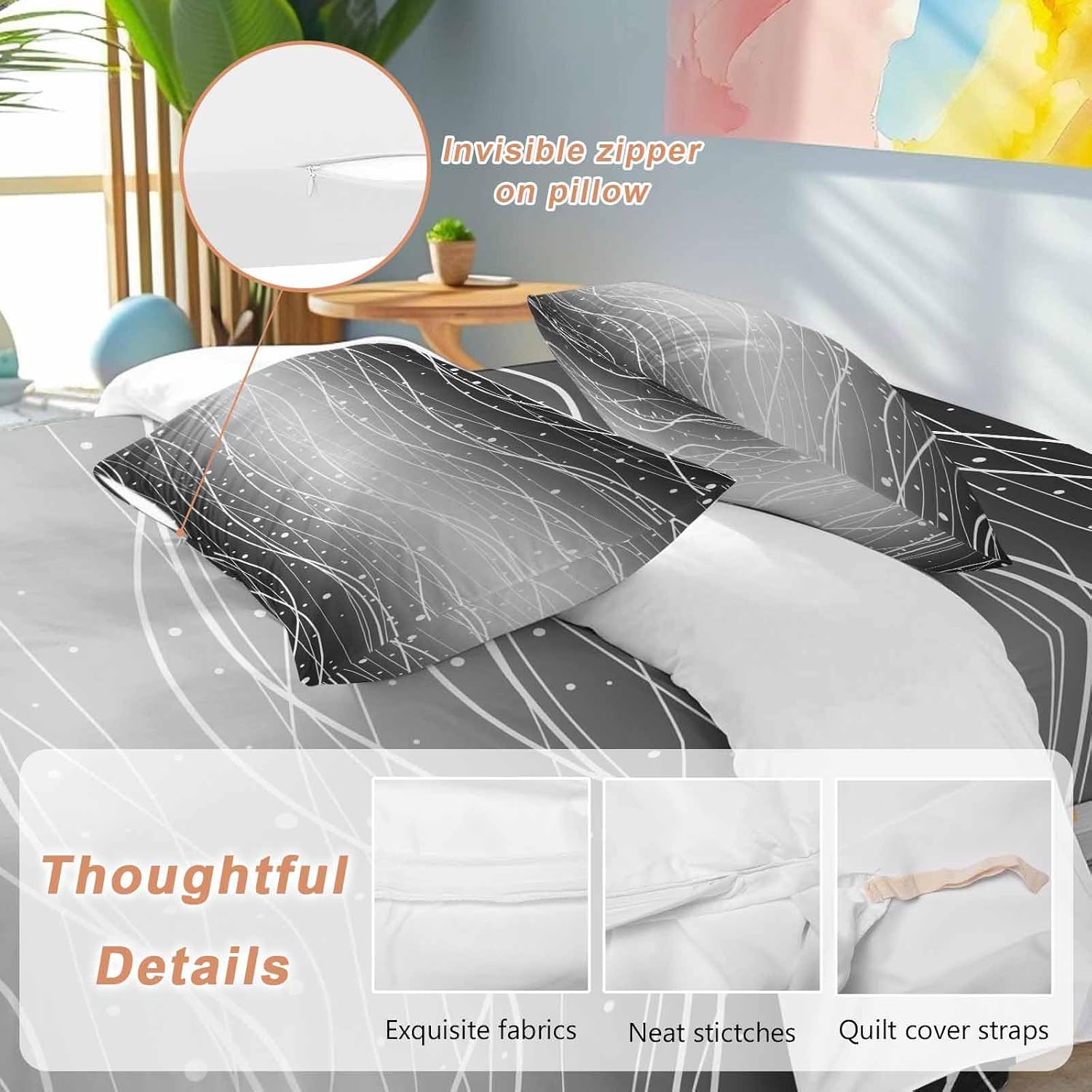 Gradient Black White Duvet Cover Set Queen Size 4 Pieces Wave Line Dots Modern Abstract Simple Bedding Set with Zipper Closure, 1 Comforter Cover 92x106 Inches 1 Flat Sheet & 2 Pillow Cases
