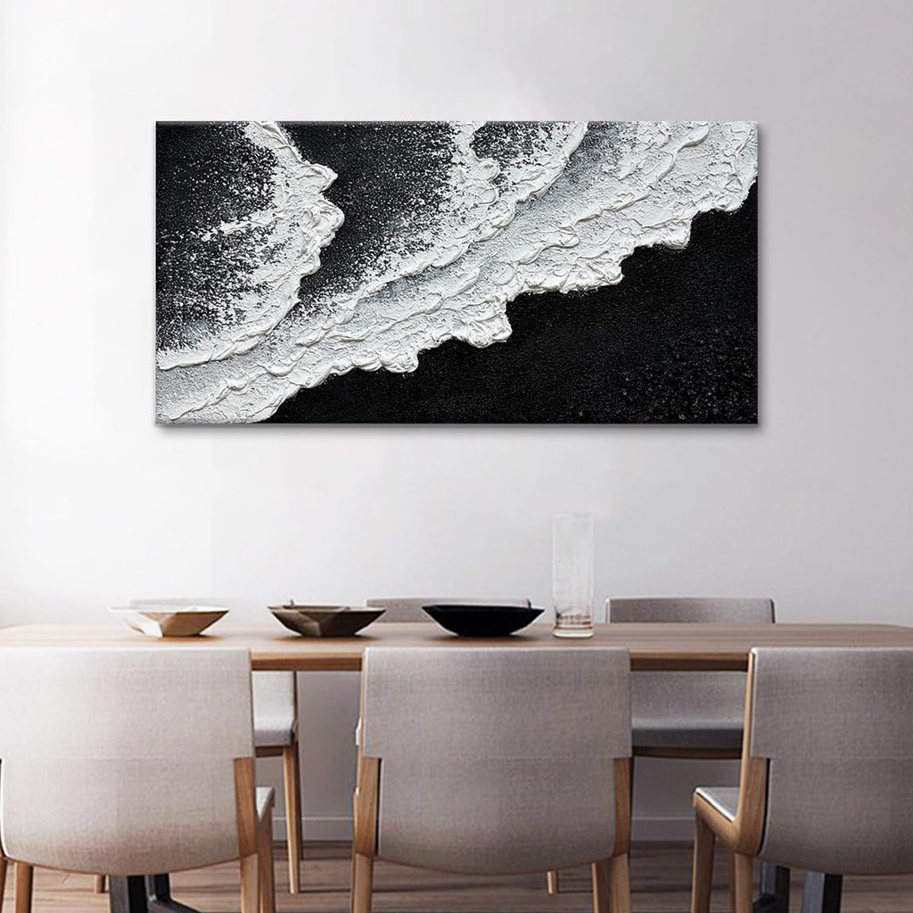 Black and White Beach Wave Textured Wall Art 3D Oil Painting Hand Painted Abstract Large Canvas Framed 29x58 Inch Acrylic Painting