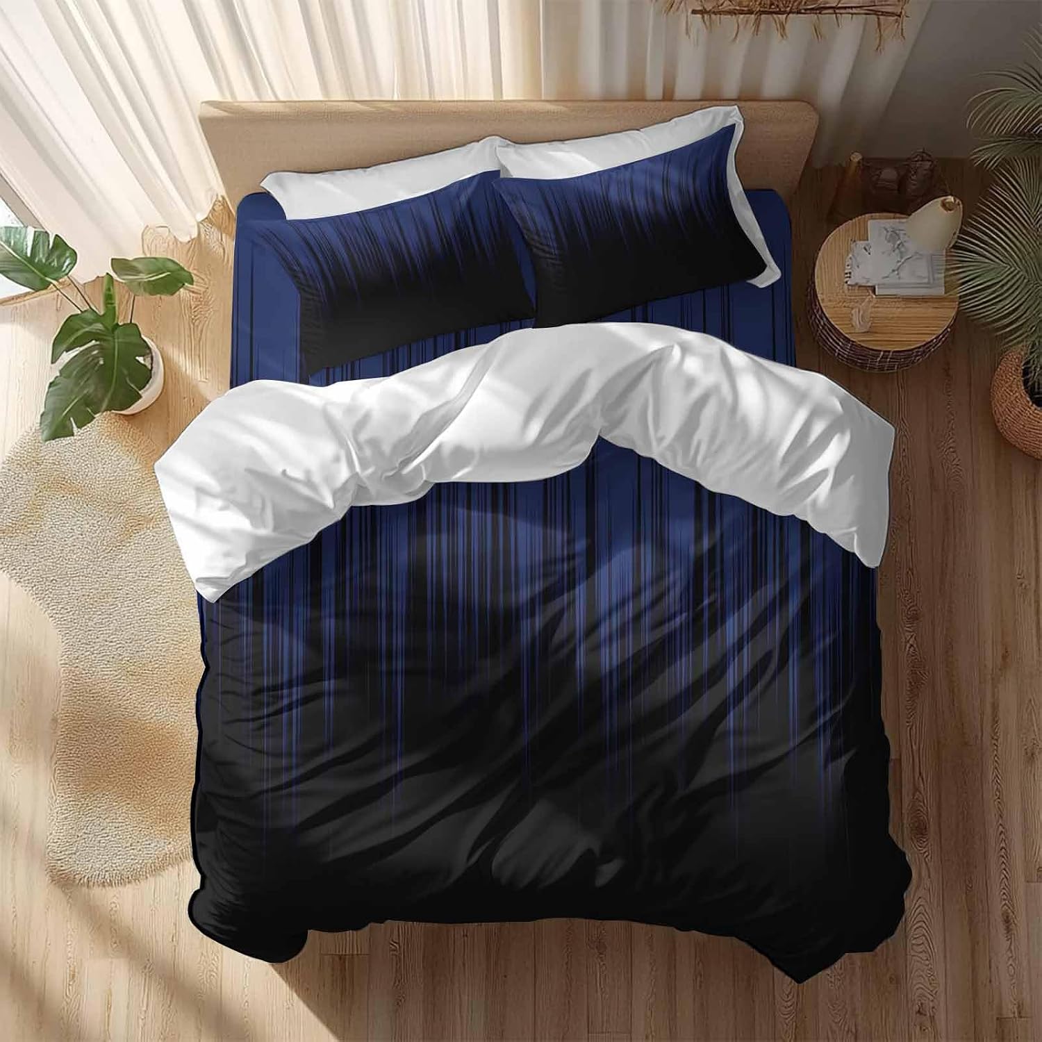 Prime Leader Navy Blue Black Ombre Duvet Cover Set Queen Size 4 Pieces Abstract Modern Lines Gradient Bedding Set with Zipper Closure, 1 Comforter Cover 90x92 Inches 1 Flat Sheet & 2 Pillow Cases