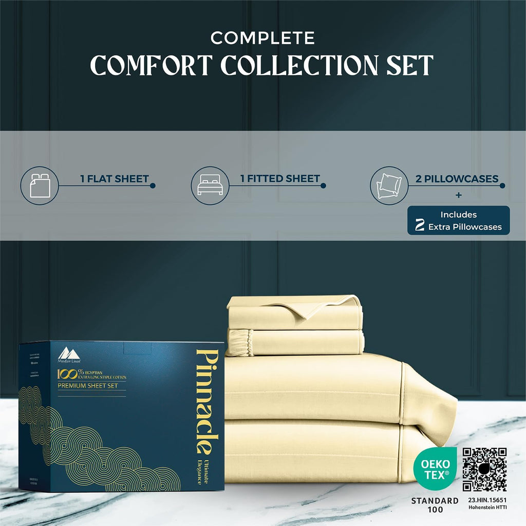 Mayfair Linen 100% Egyptian Cotton Sheets Queen Size Bed Set - Luxury High Thread Count Egyptian Cotton Queen Sheet Set (4 PC, Beige), 17' Deep Pocket, Silky Soft, Cooling, Sateen Weave Bedding