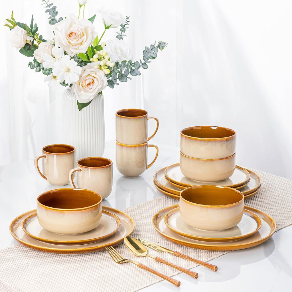 LERATIO Ceramic Dinnerware Sets for 8,Plates and Bowls Sets,Reactive Glaze Dishes Set,Highly Chip and Crack Resistant | Dishwasher & Microwave & Oven Safe Dishes set,Service for 8-Kahki (24pc)