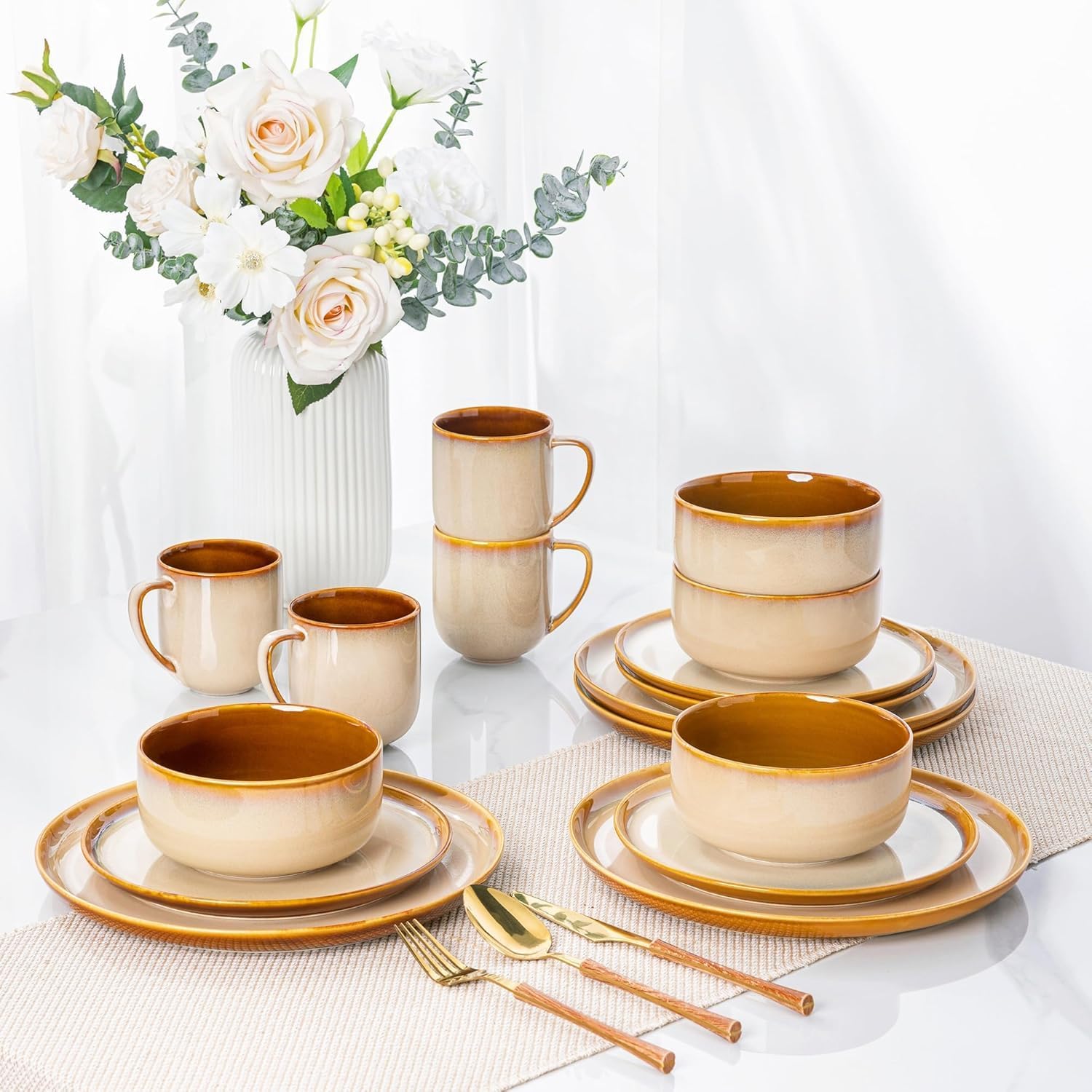 LERATIO Ceramic Dinnerware Sets for 8,Plates and Bowls Sets,Reactive Glaze Dishes Set,Highly Chip and Crack Resistant | Dishwasher & Microwave & Oven Safe Dishes set,Service for 8-Kahki (24pc)