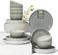 Pokini Plates and Bowls Sets for 8, 24 Piece Dinnerware Set for Large Families & Entertaining, Elegant Design, Dishwasher & Microwave Safe, Chip Resistant and Durable, Gray Green