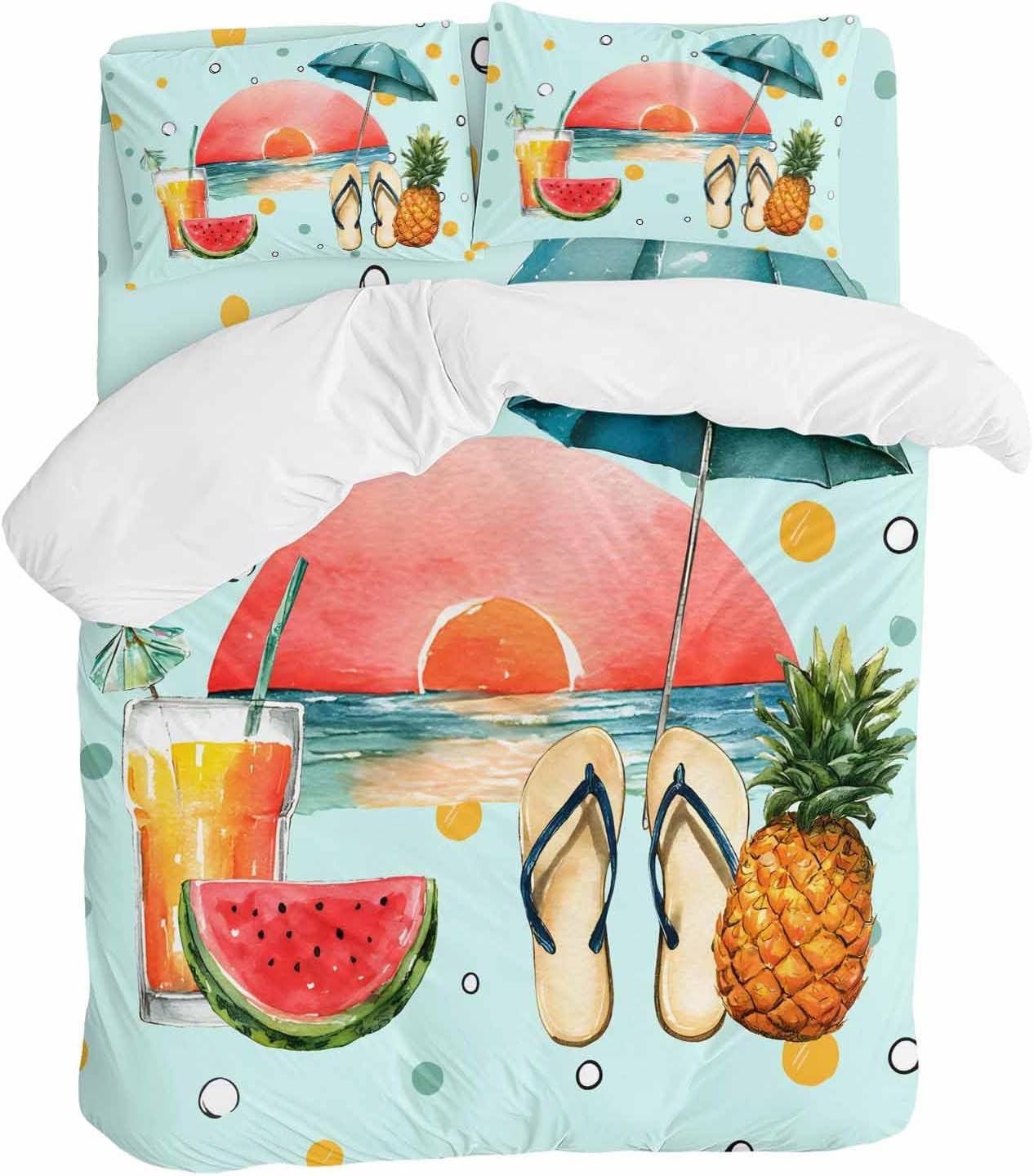 Summer Beach Duvet Cover Set Queen Size 4 Pieces Watermelon Pineapple Umbrella Polka Dot Blue Bedding Set with Zipper Closure, 1 Comforter Cover 92x106 Inches 1 Flat Sheet & 2 Pillow Cases
