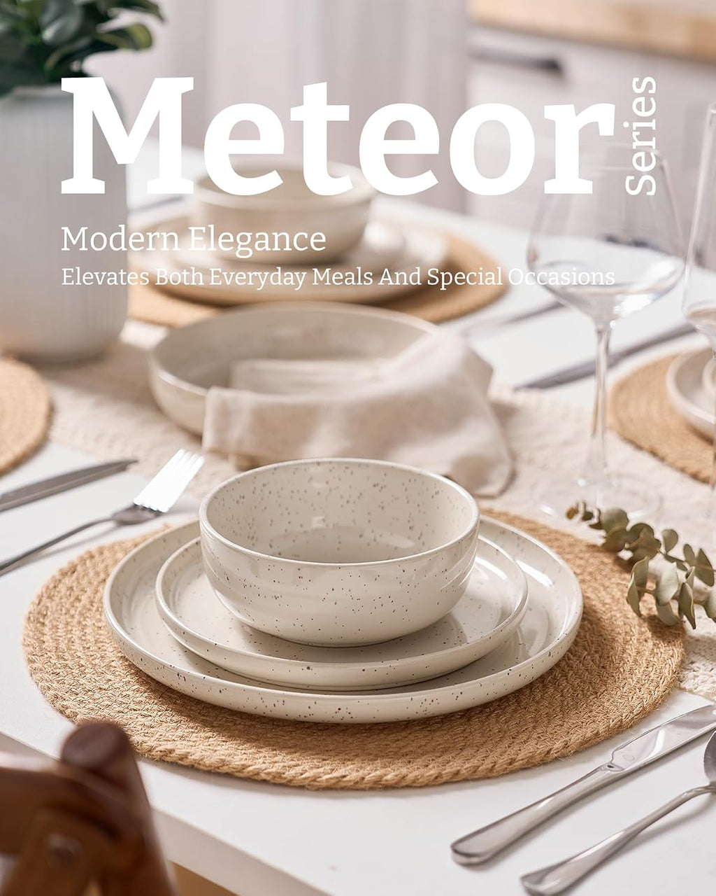 Famiware Meteor Plates and Bowls Sets, 24-Piece Stoneware Dinnerware Sets, Dishes Set for 8, Microwave and Dishwasher Safe Tableware, Creamy White