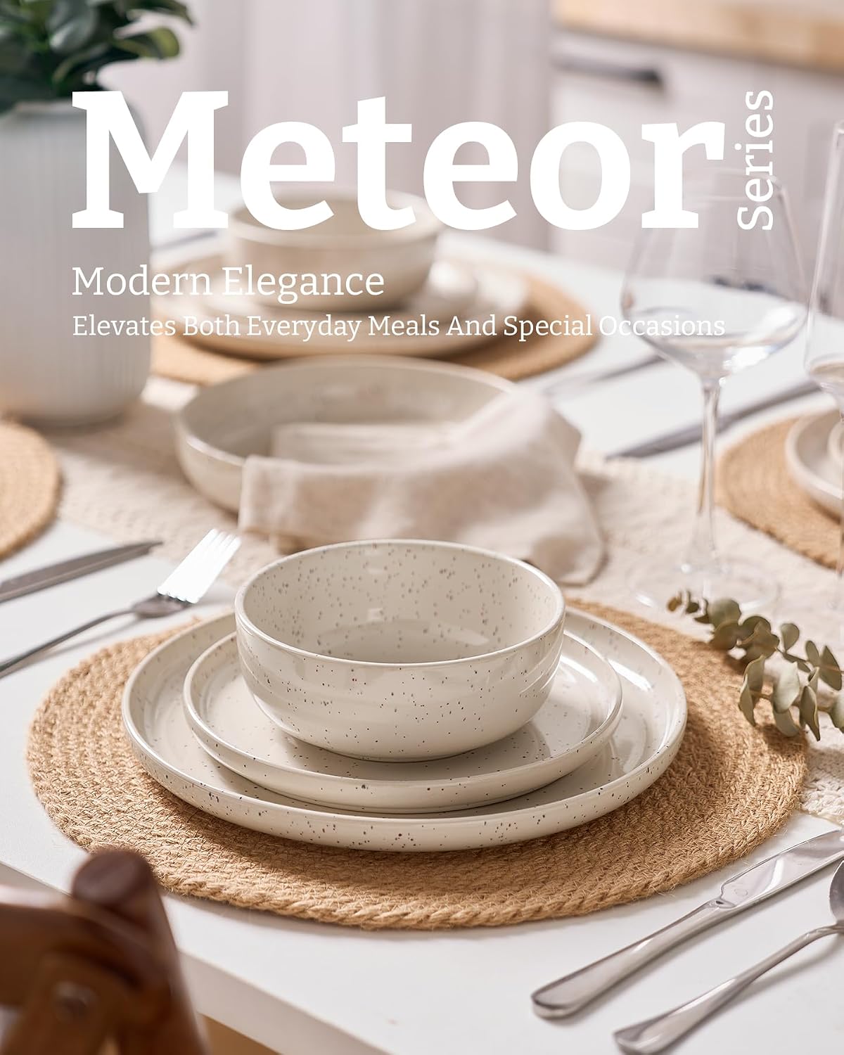 Famiware Meteor Plates and Bowls Sets, 24-Piece Stoneware Dinnerware Sets, Dishes Set for 8, Microwave and Dishwasher Safe Tableware, Creamy White