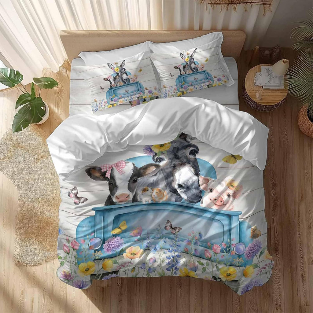 Farm Truck Animal Duvet Cover Set Queen Size 4 Pieces Donkeys Cows Pigs Wildflowers Wood Pattern Bedding Set with Zipper Closure, 1 Comforter Cover 92x106 Inches 1 Flat Sheet & 2 Pillow Cases