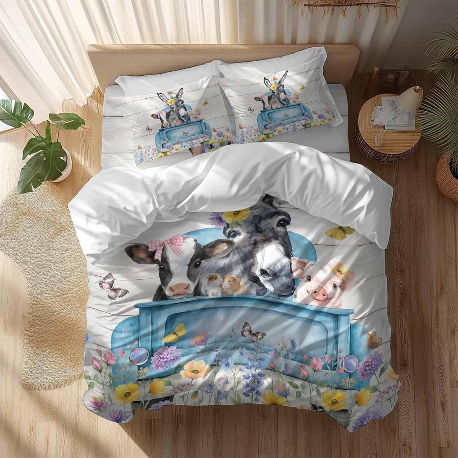 Farm Truck Animal Duvet Cover Set Queen Size 4 Pieces Donkeys Cows Pigs Wildflowers Wood Pattern Bedding Set with Zipper Closure, 1 Comforter Cover 92x106 Inches 1 Flat Sheet & 2 Pillow Cases