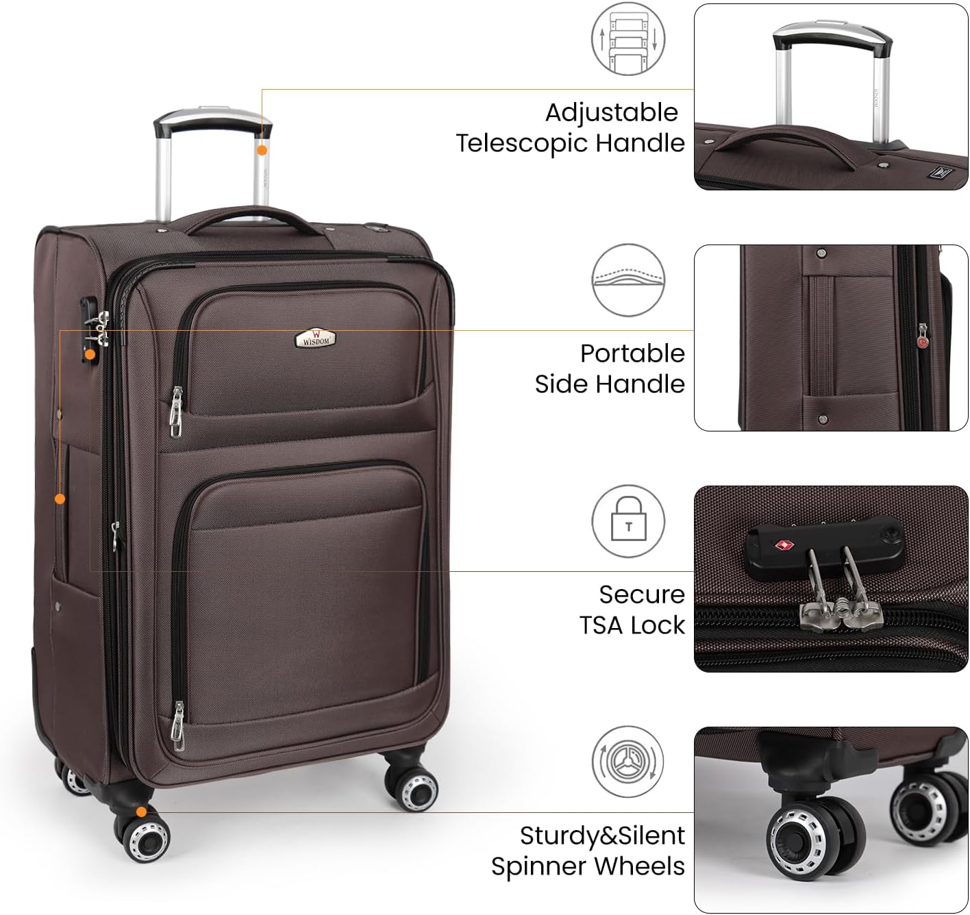Softside Luggage Sets 3 Piece,Expandable Lightweight Durable Suitcase Sets Double Spinner Wheels w/Combination LOCK （20''/26''/30''）#Coffee