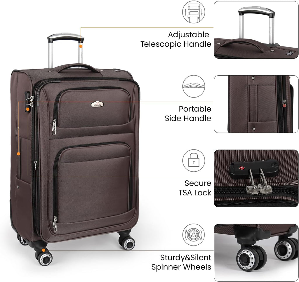 Softside Luggage Sets 2 Piece,Expandable 15% Lightweight Durable Suitcase Sets Double Spinner Wheels w/Combination LOCK （Coffee,20in/26in）