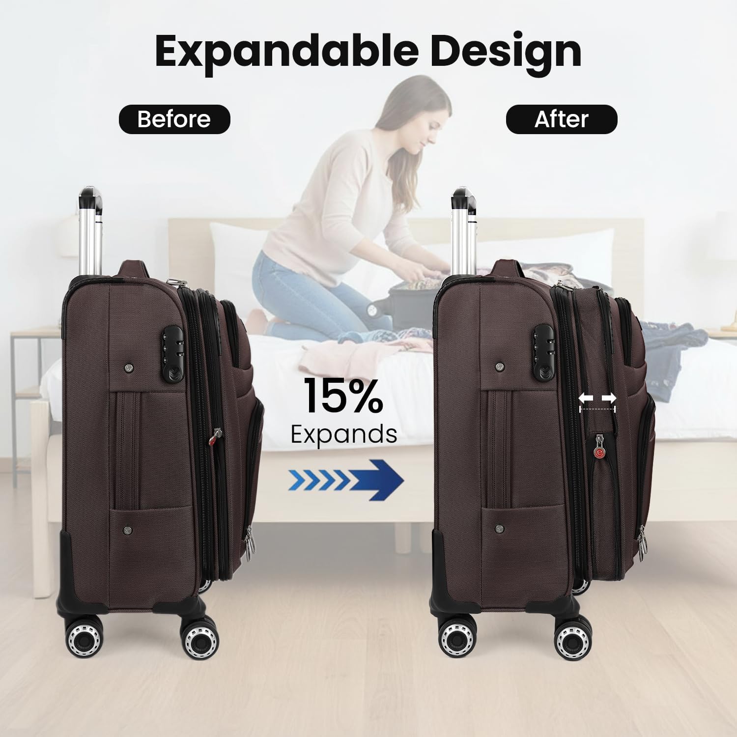 Softside Luggage Sets 3 Piece,Expandable Lightweight Durable Suitcase Sets Double Spinner Wheels w/Combination LOCK （20''/26''/30''）#Coffee