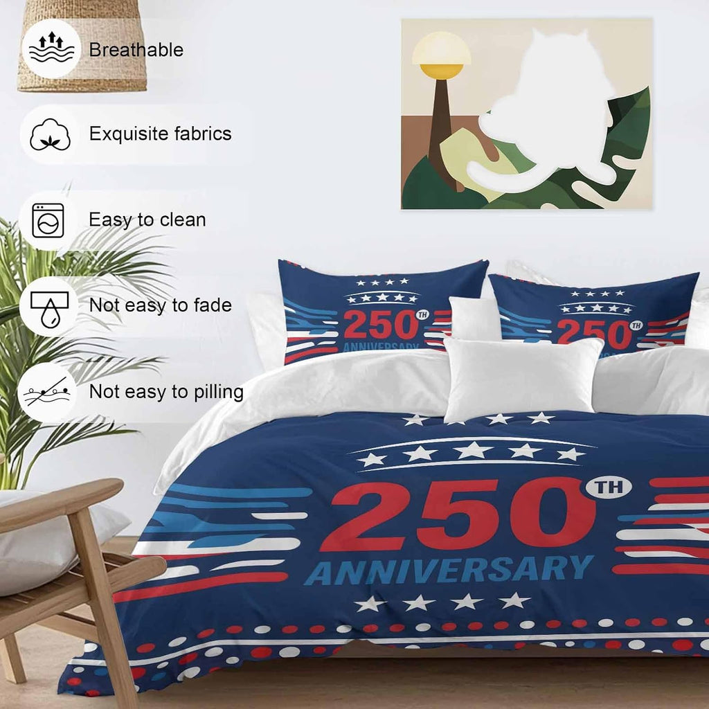 USA 250th Anniversary Duvet Cover Set Queen Size 4 Pieces Polka Dots Star Independence Day Navy Blue Bedding Set with Zipper Closure, 1 Comforter Cover 90x92 Inches 1 Flat Sheet & 2 Pillow Cases