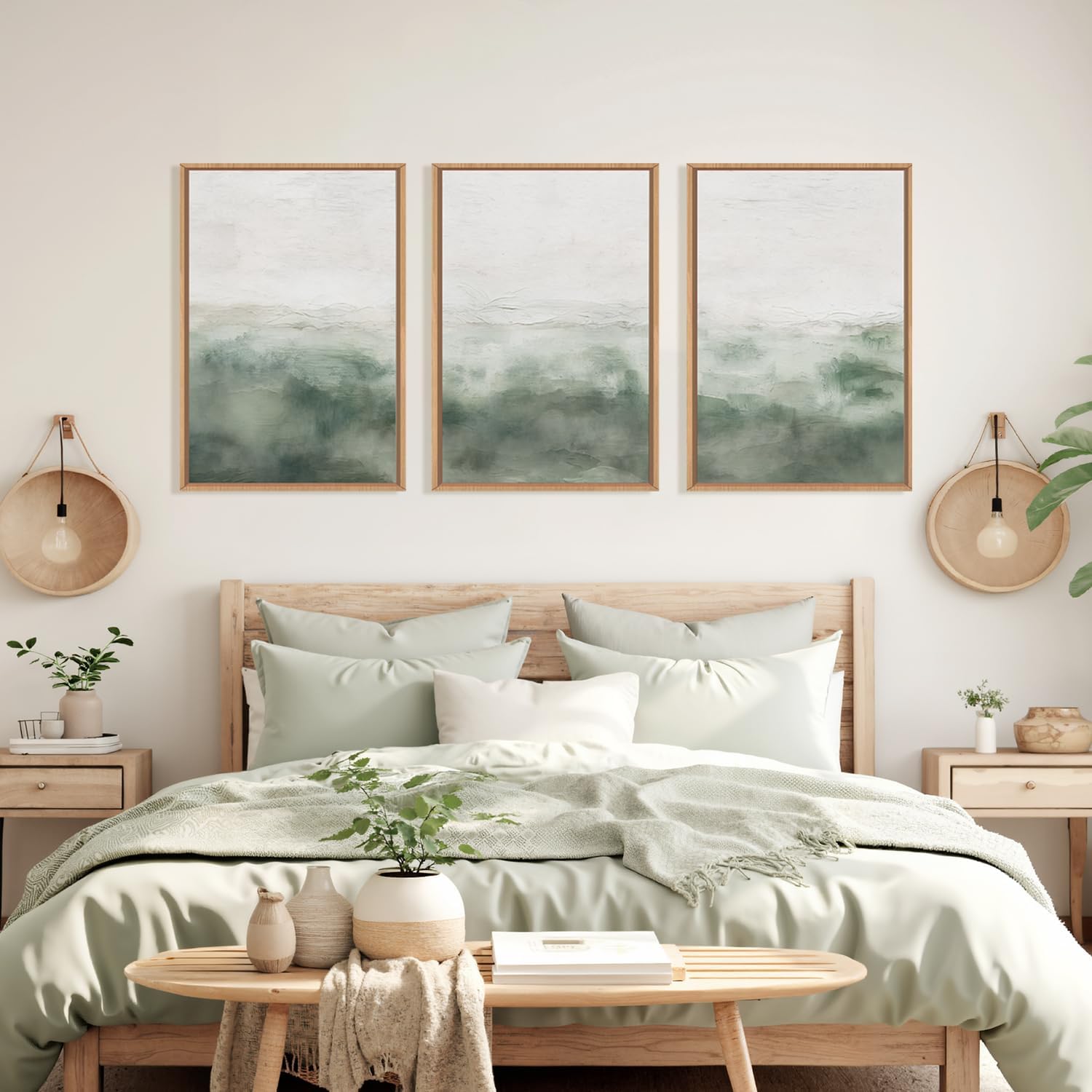 BICERE Large Abstract Grey Green Framed Canvas Wall Art,Watercolor Neutral White Wall Decor,Modern Pastel Wall Painting,Illustrations Artwork for Living Room,Bedroom,Dining Room,Office- 24'x36'x3