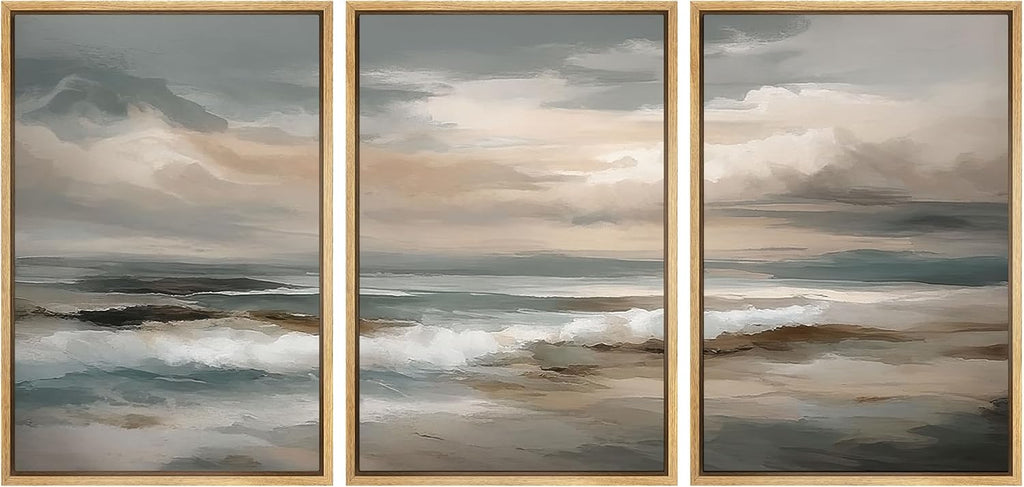 SIGNLEADER Framed Canvas Print Wall Art Set Soft Neutral Coastal Waves Muted Teal and Beige Ocean Illustrations Minimal Decorative Bohemian Nordic for Living Room, Bedroom, Office - 24'x36'x3 NATURAL