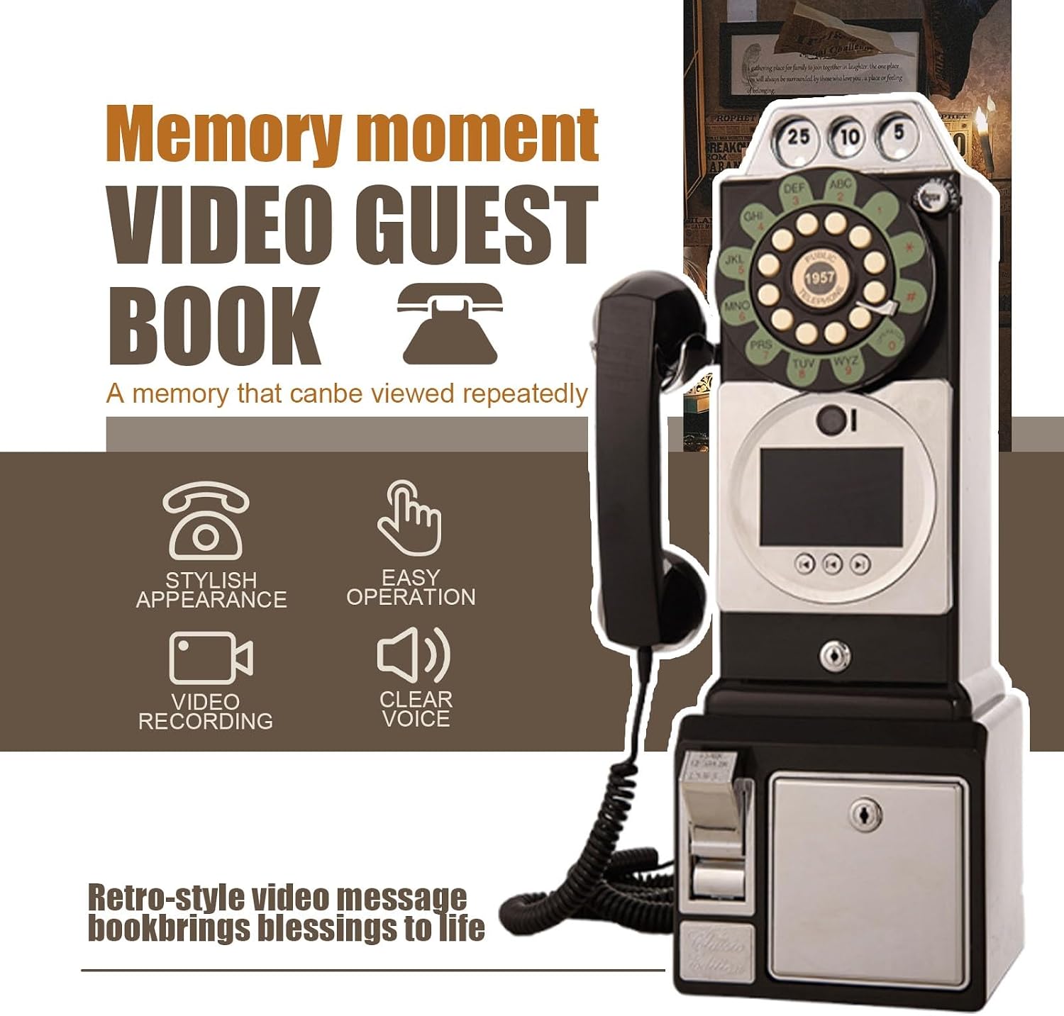 Video Audio Guest Book Phone, Wedding Guest Book with 1080P HD Recording, Retro Telephone Design, 32GB Storage, Perfect for Bridal Showers(Black)