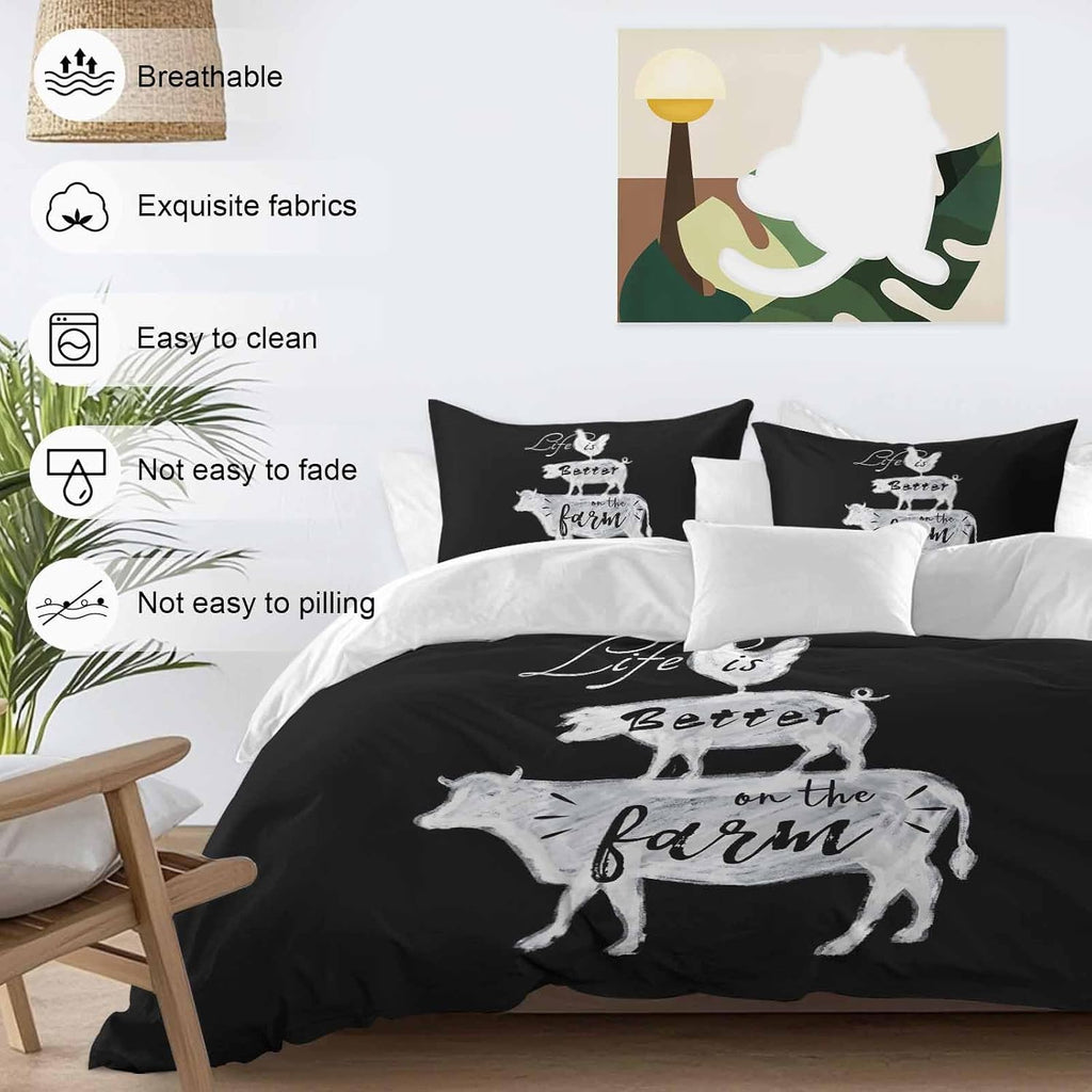 Prime Leader Retro Farm Duvet Cover Set Queen Size 4 Pieces Chicken Pig Cow Farmhouse Animal Black White Bedding Set with Zipper Closure, 1 Comforter Cover 90x92 Inches 1 Flat Sheet & 2 Pillow Cases