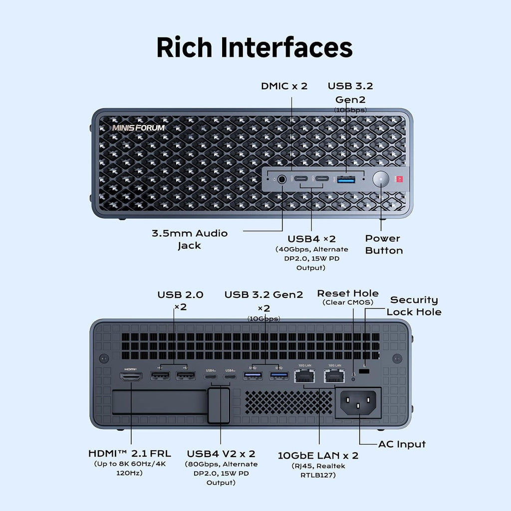 MINISFORUM MS-S1 Max Mini Workstation AMD Ryzen AI Max+ 395(16C/32T) 64GB LPDDR5 2TB SSD Mini PC, HDMI+2X USB4+2X USB4 V2 Video Output, 2x10G RJ45 Port, WiFi7, BT5.4, Radeon 8060S Graphics Computer