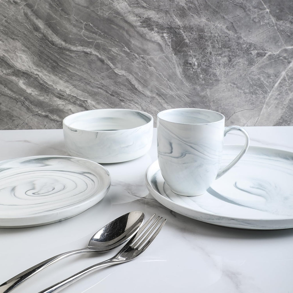 Stone Lain Porcelain 32 Piece Dinnerware Set, Cool Gray Swirl, Marble Design